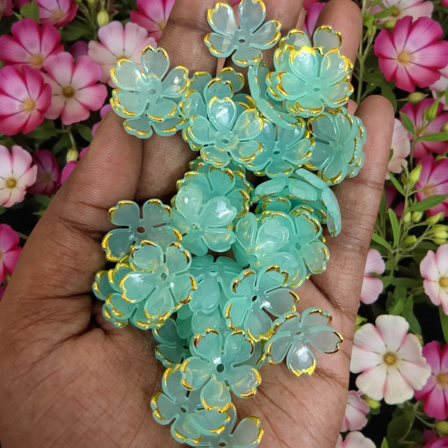 Five Petals Acrylic Flower with Golden Line (10gms) - Green