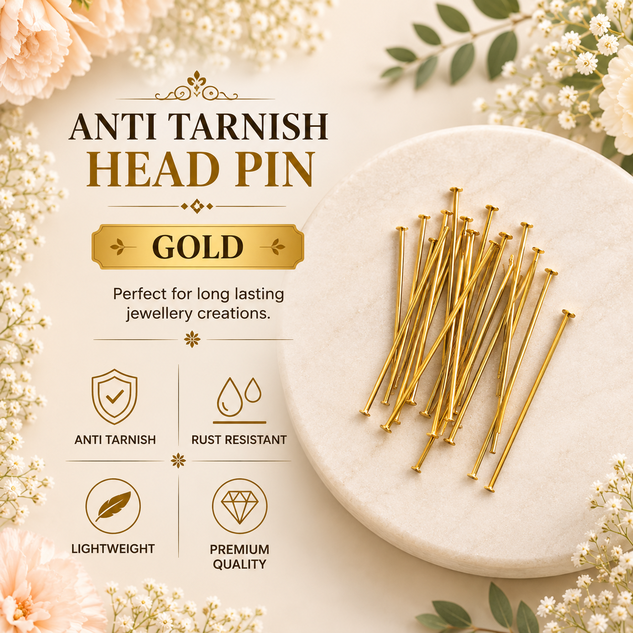 Anti Tarnish Head Pin - Gold (10pcs)