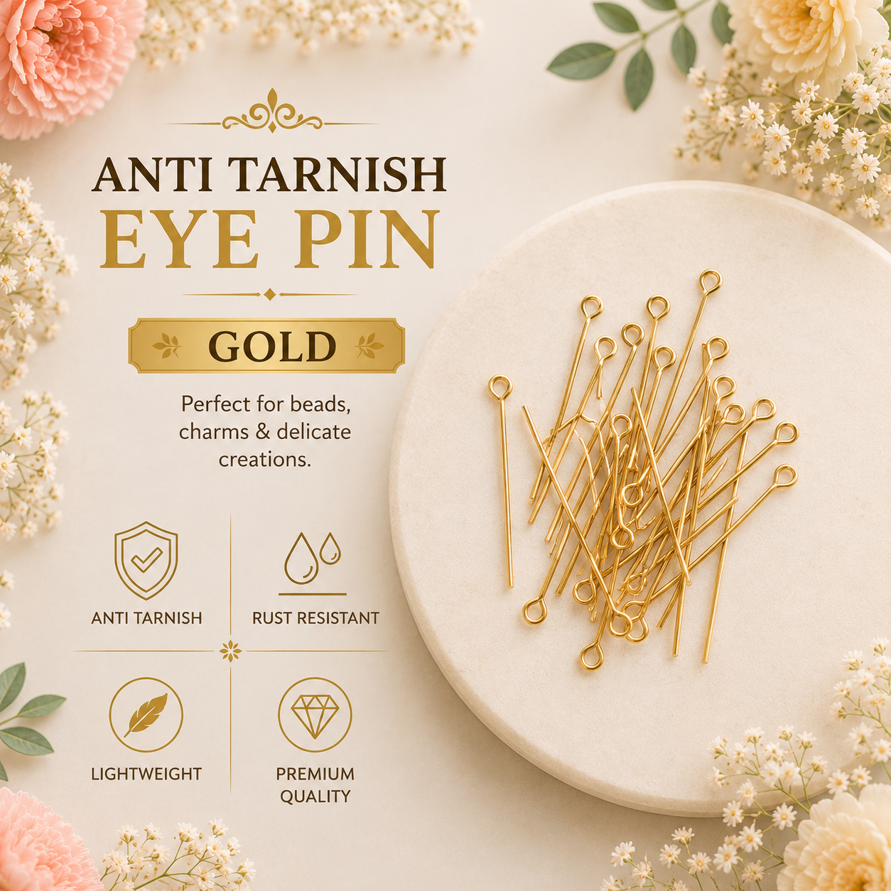 Anti Tarnish Eye Pin - Gold (10 Pcs)
