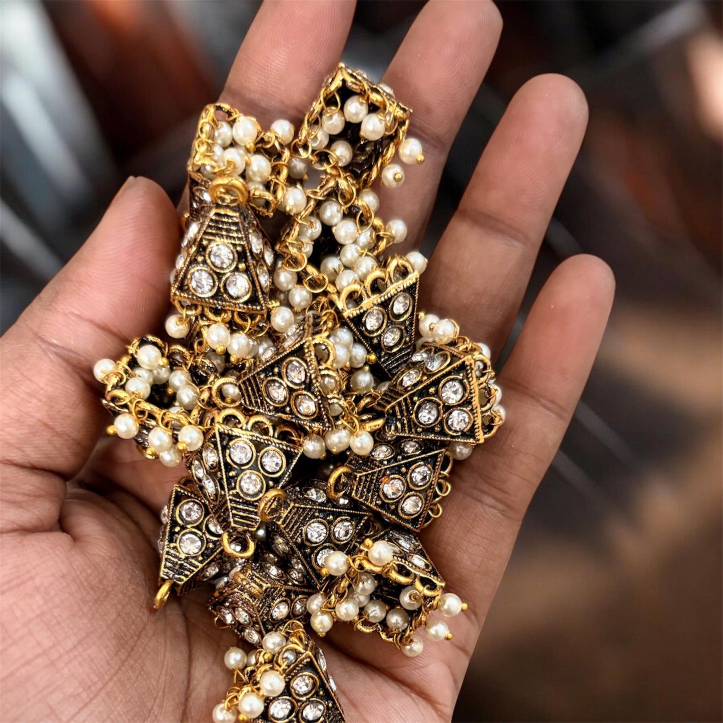 Triangle Antique Jhumka with Pearl Beads (1 Pair)