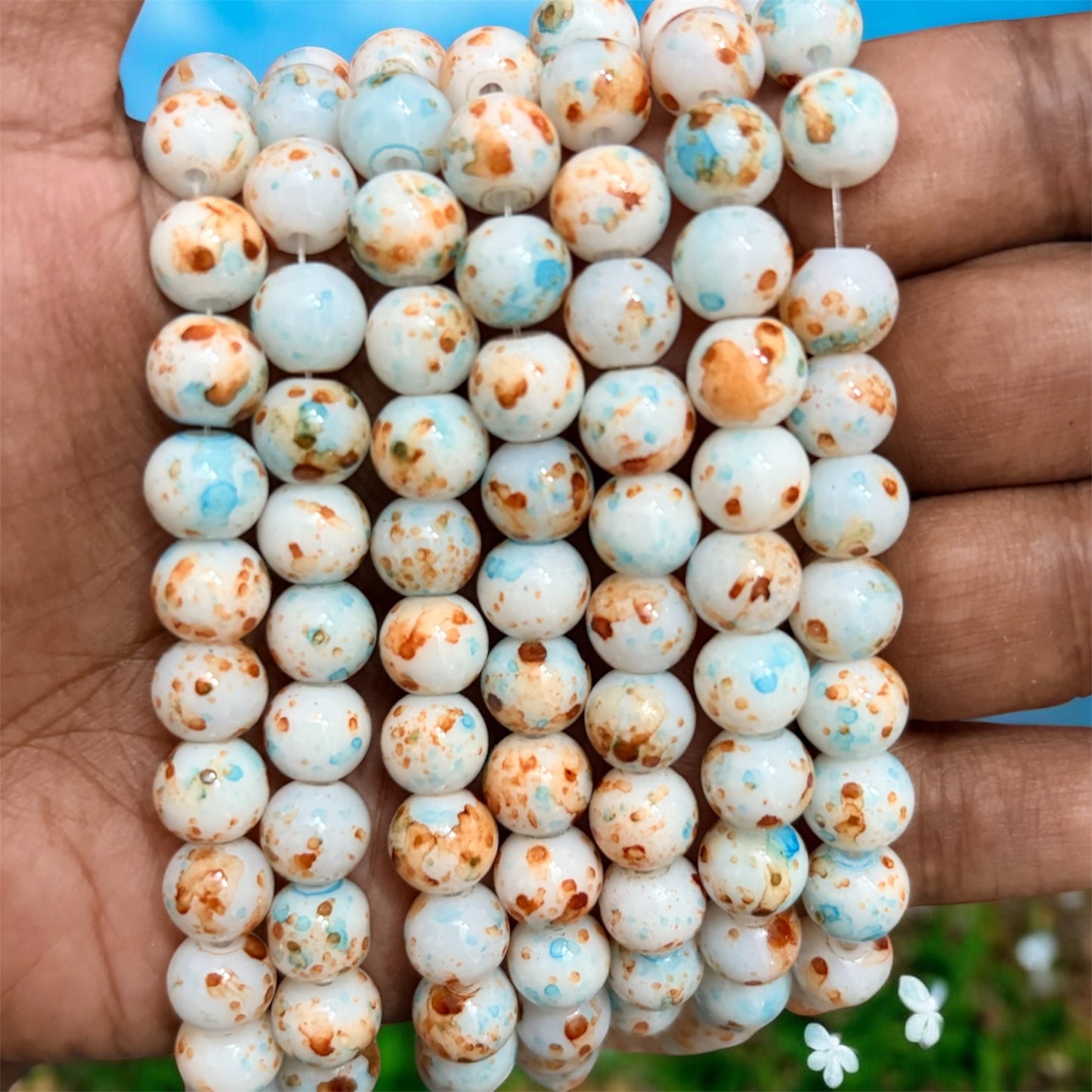 Printed Marble Beads 8mm - Brown & White