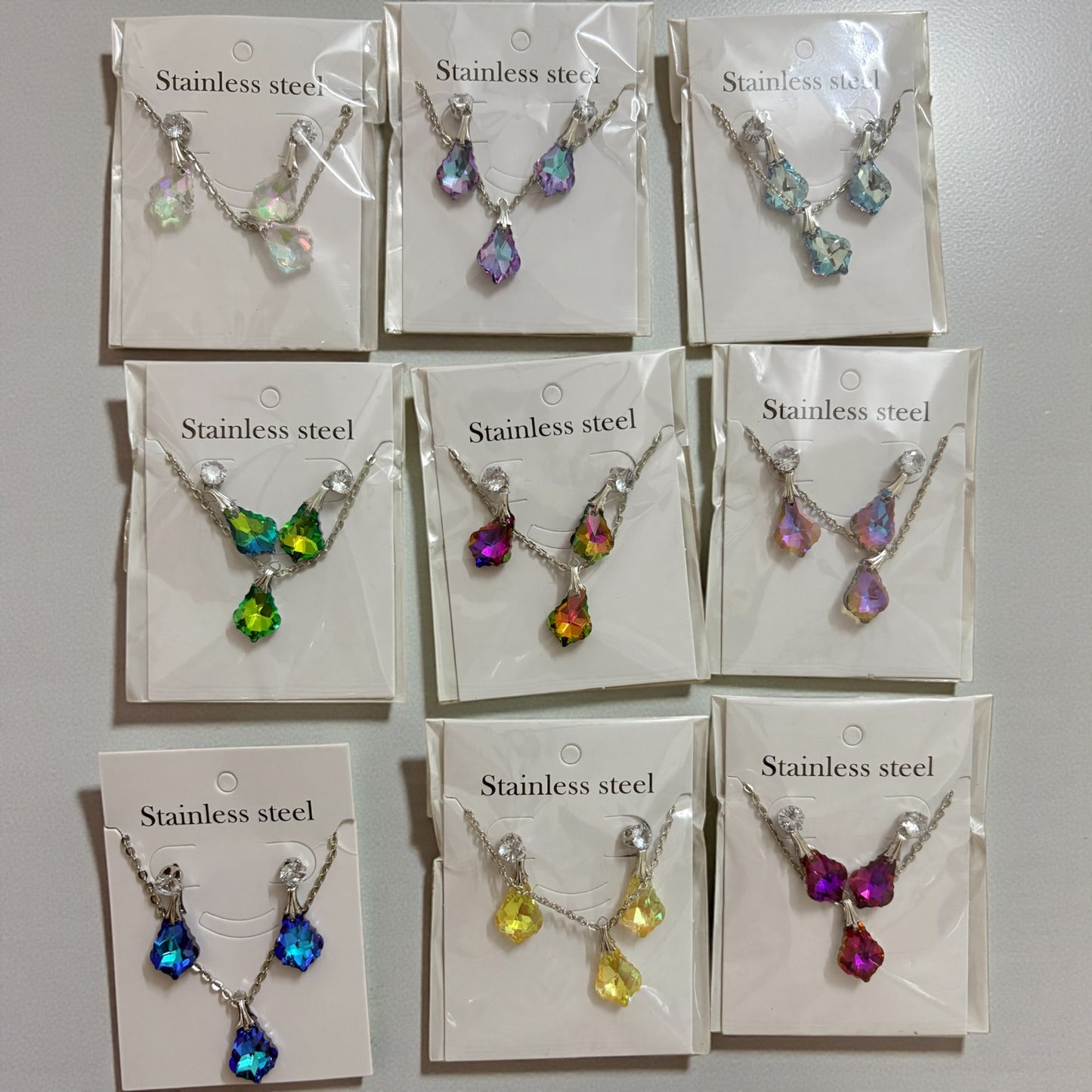 Unique Sparkly Multi-color Crystal Teardrop Dangle Drop Earrings And Necklace (Any 3 Mixed Set )