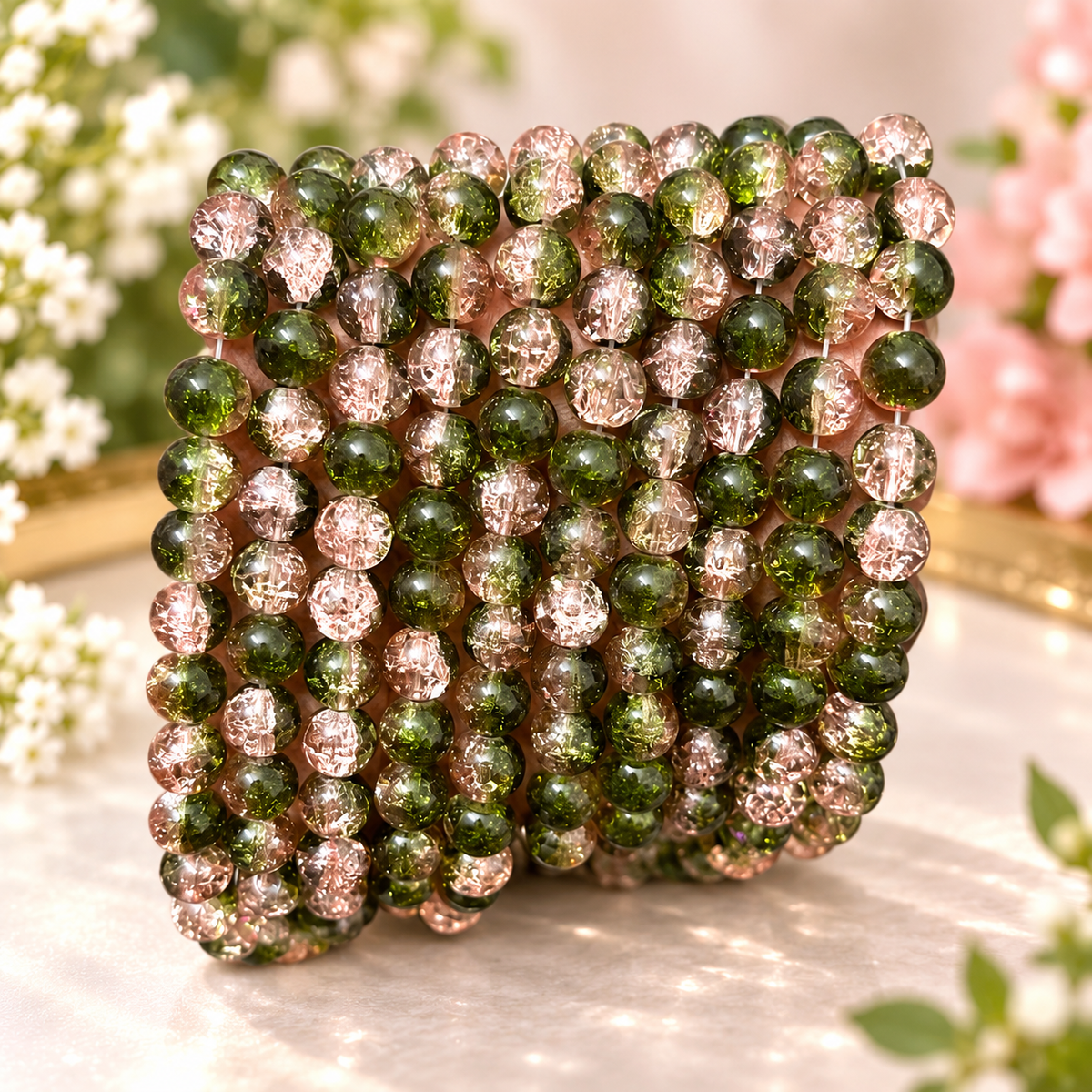 Crackle Beads 8mm - Green & Light Pink