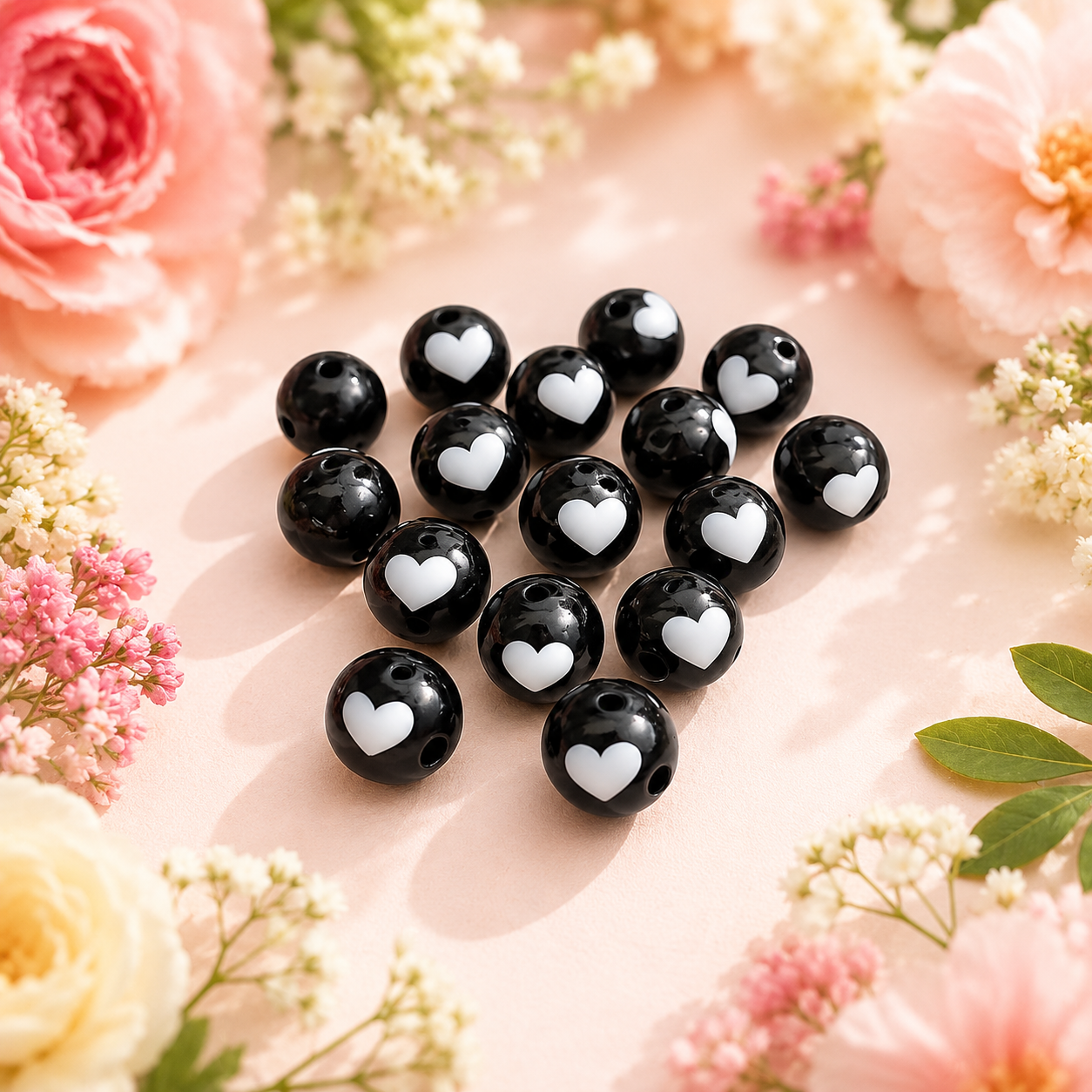 Acrylic Black Heart Print Round Beads (10gms)