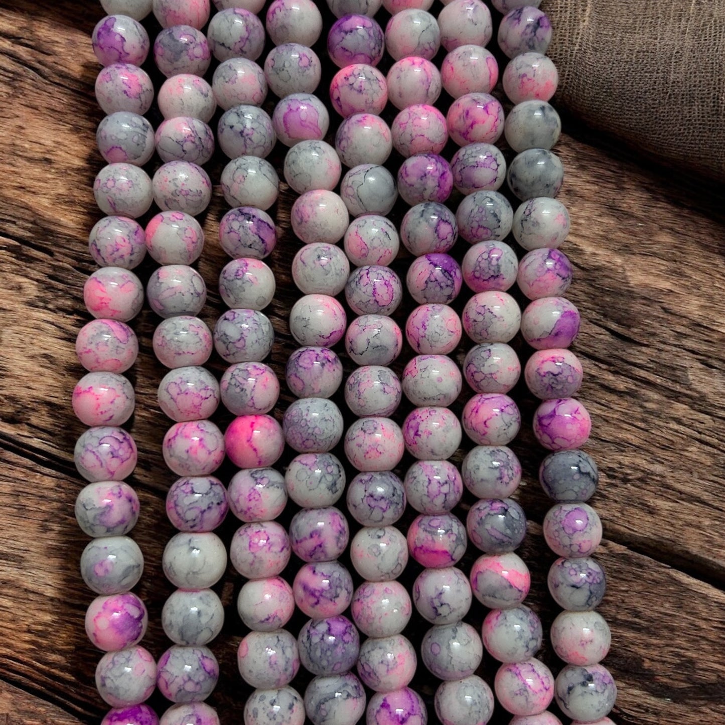 Printed Glass Beads 8mm - Pink & Grey