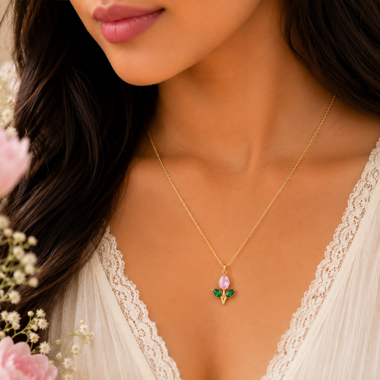 18K Gold Plated Anti Tarnish Tulip Necklace (Pink) - ATN51