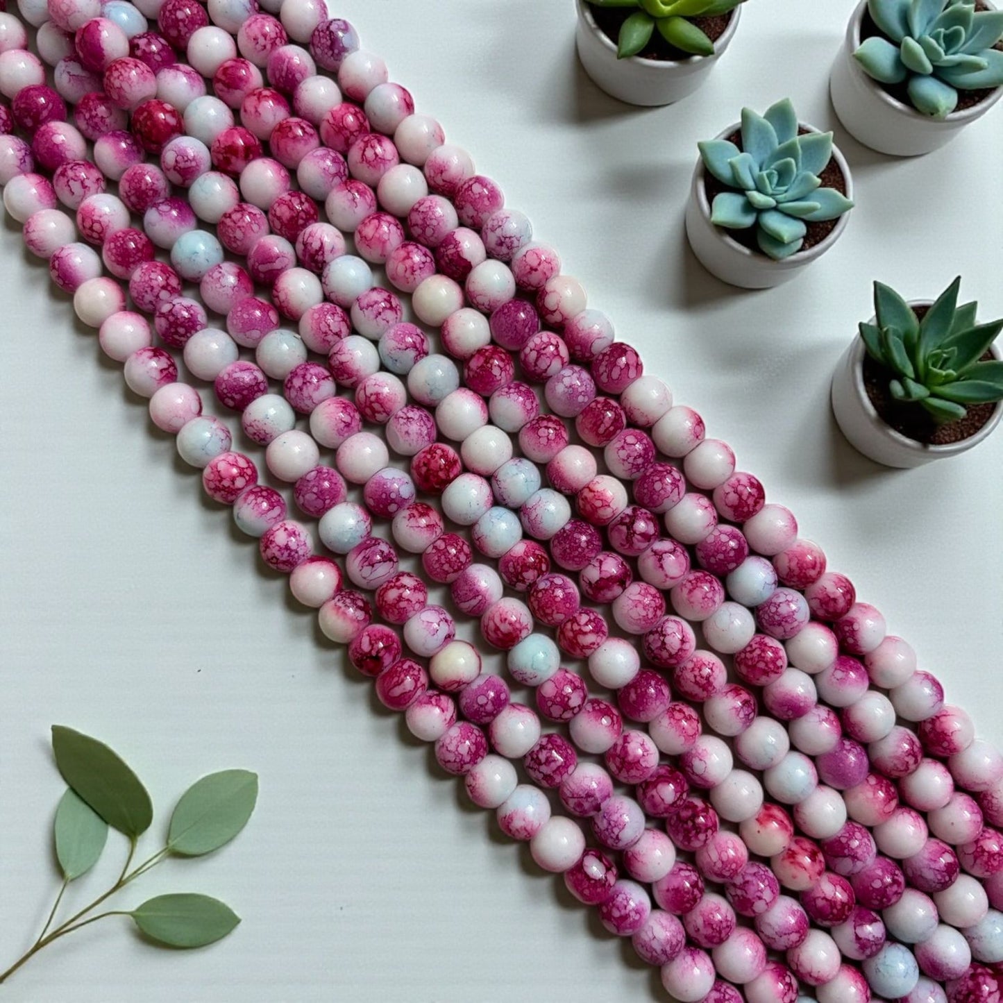 Printed Glass Beads 8mm - Wine & White