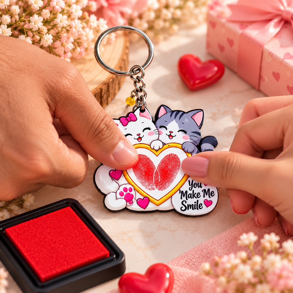 Cute Kitty MDF Thumbprint Heart Keychain ❤️