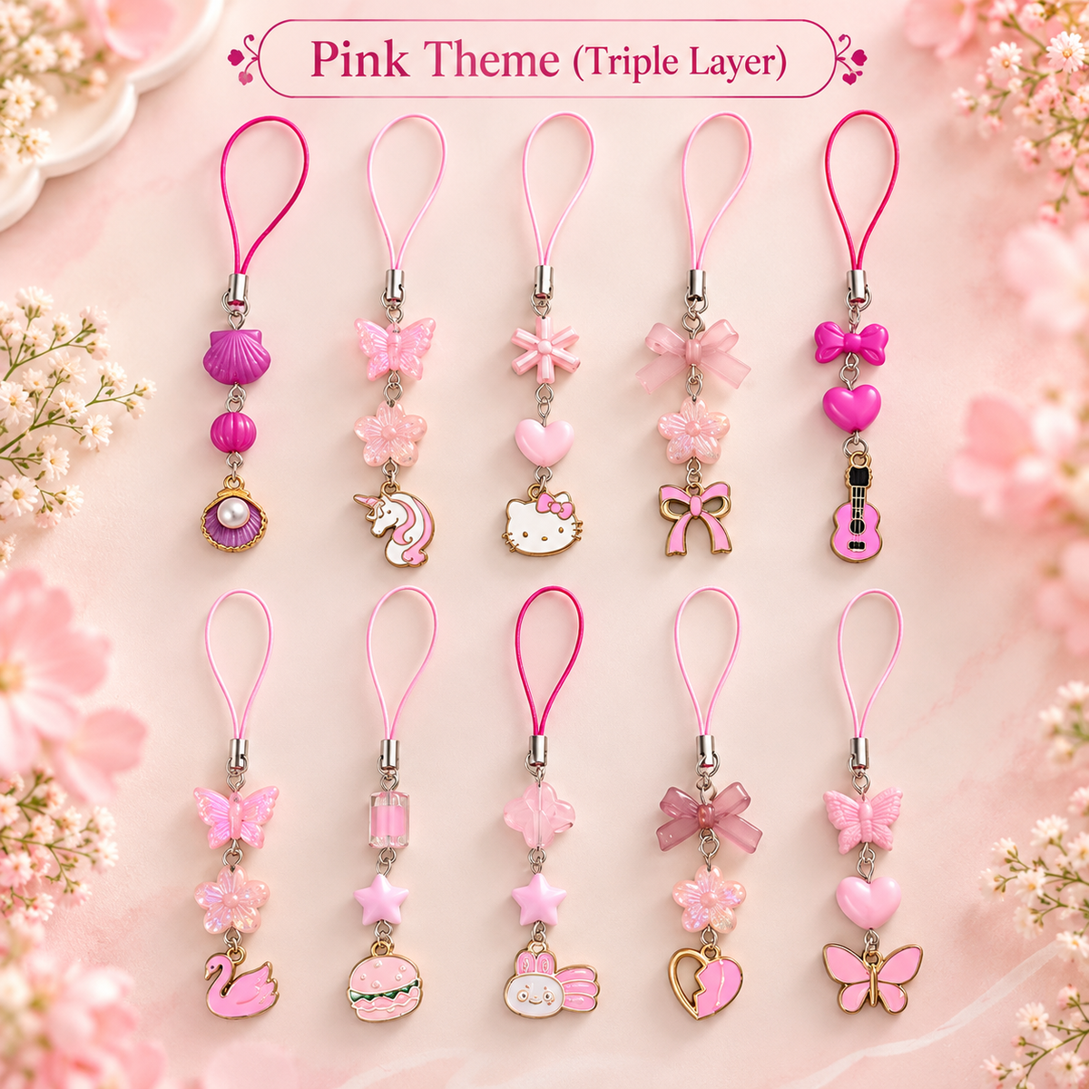 Mixed Pink Theme Phone Charms - Triple Layer