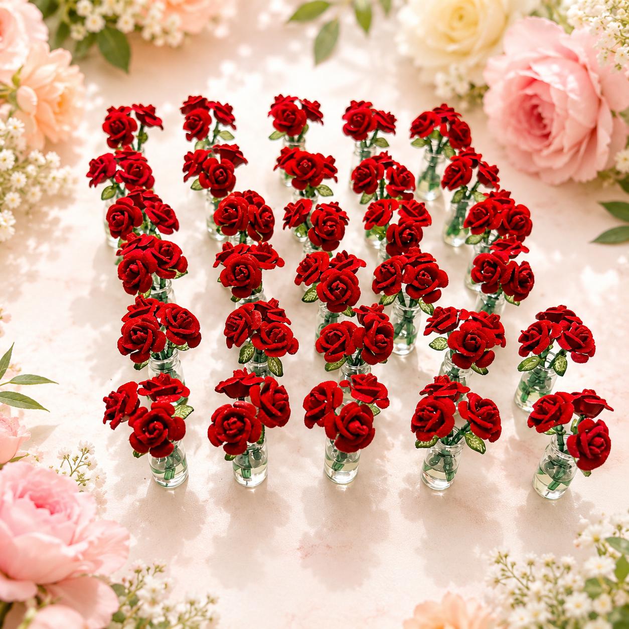 Mini Glass Bottle Velvet Red Rose Flower Bouquet