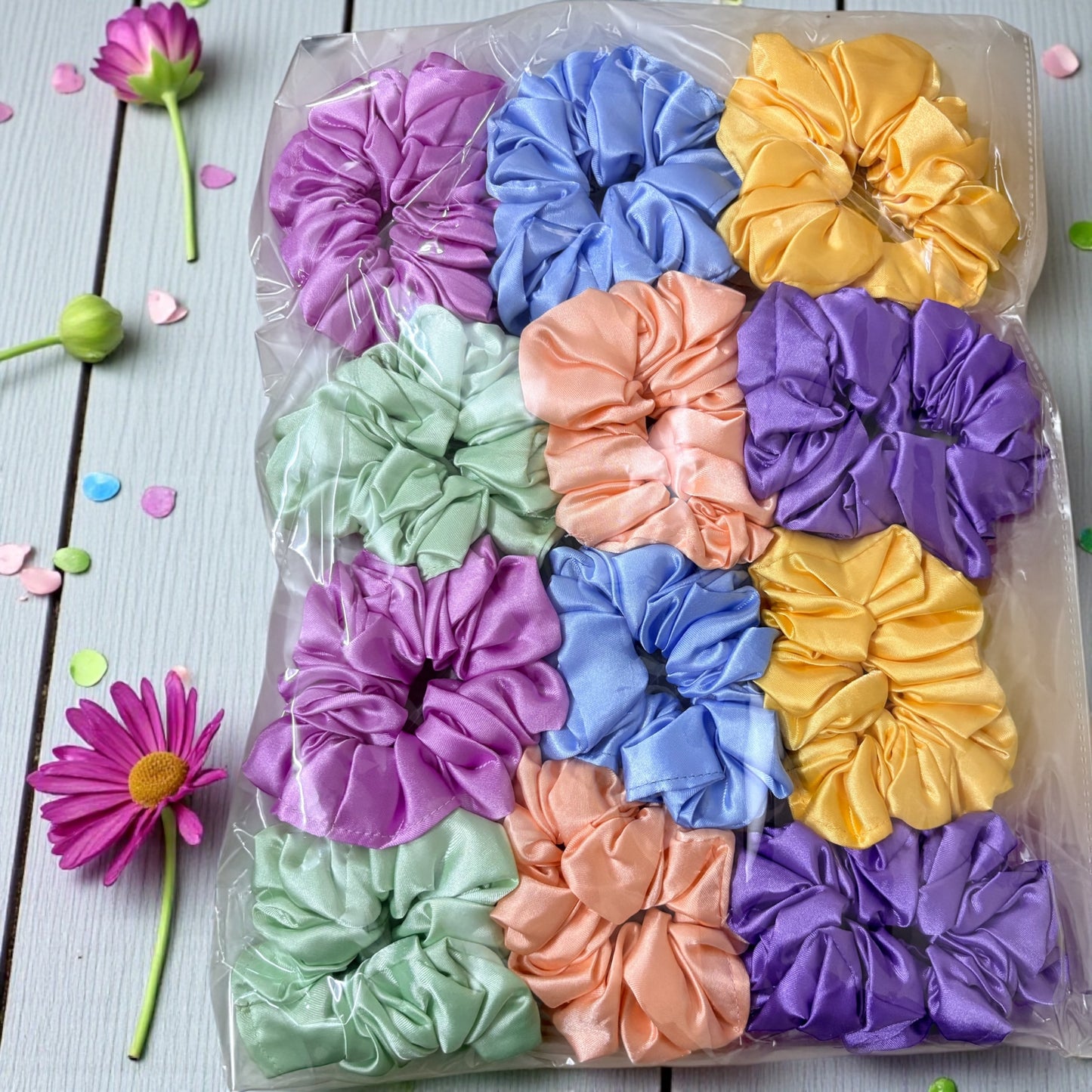 Multicolor Satin Scrunchies - Large (Pack of 12 pcs)- JHKC100185