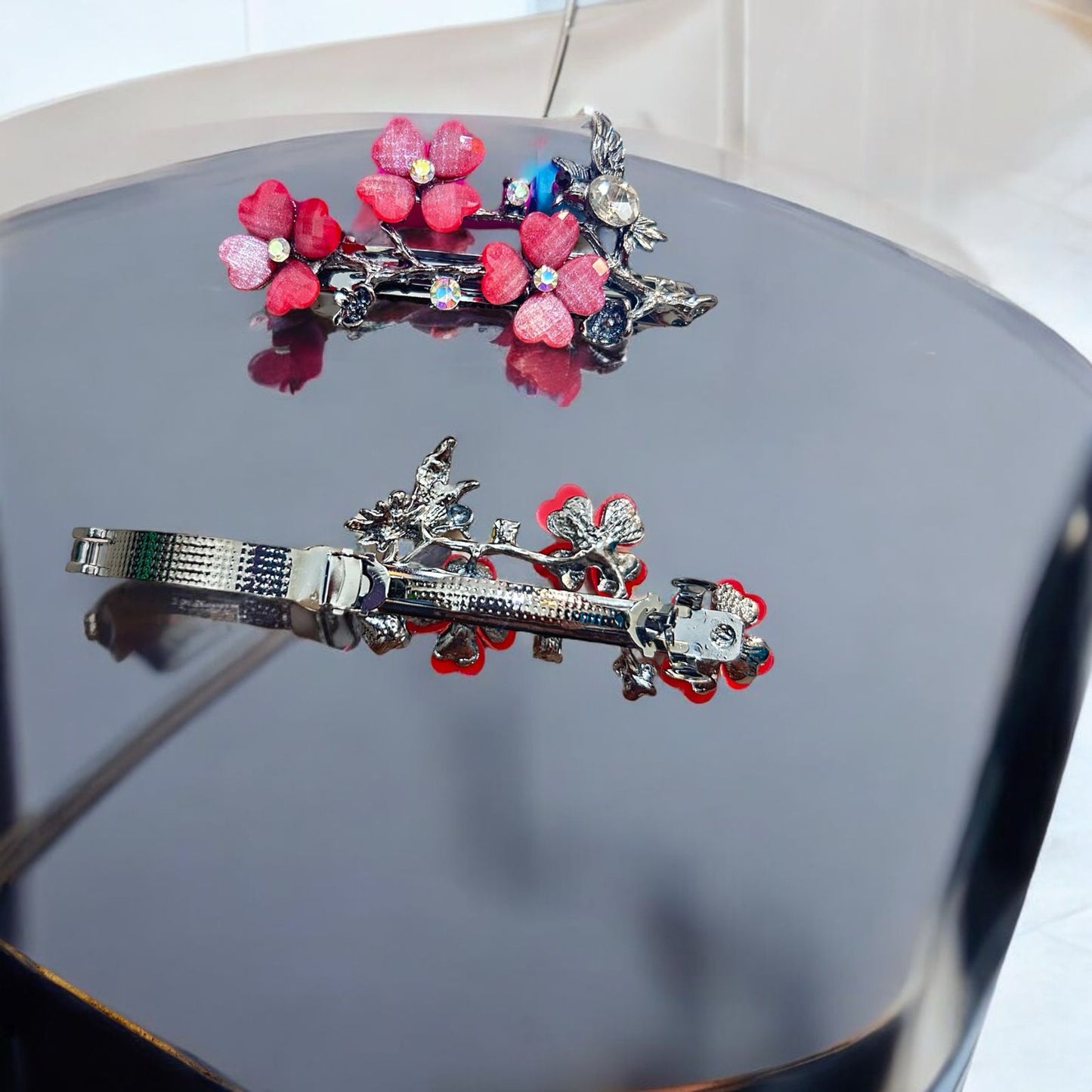 Flower with Stone type Spring Hairclip for Women - Pink
