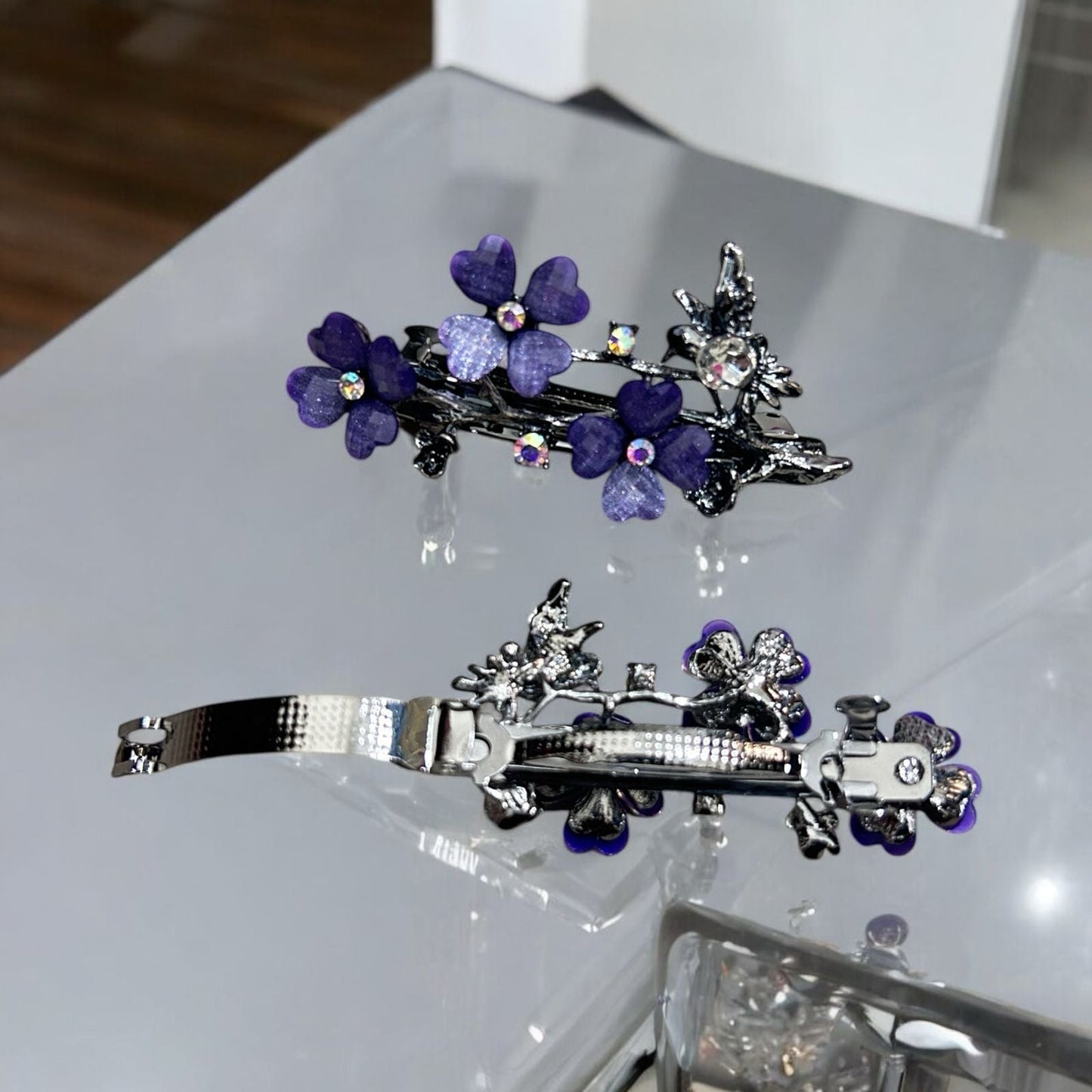 Flower with Stone type Spring Hairclip for Women - Purple
