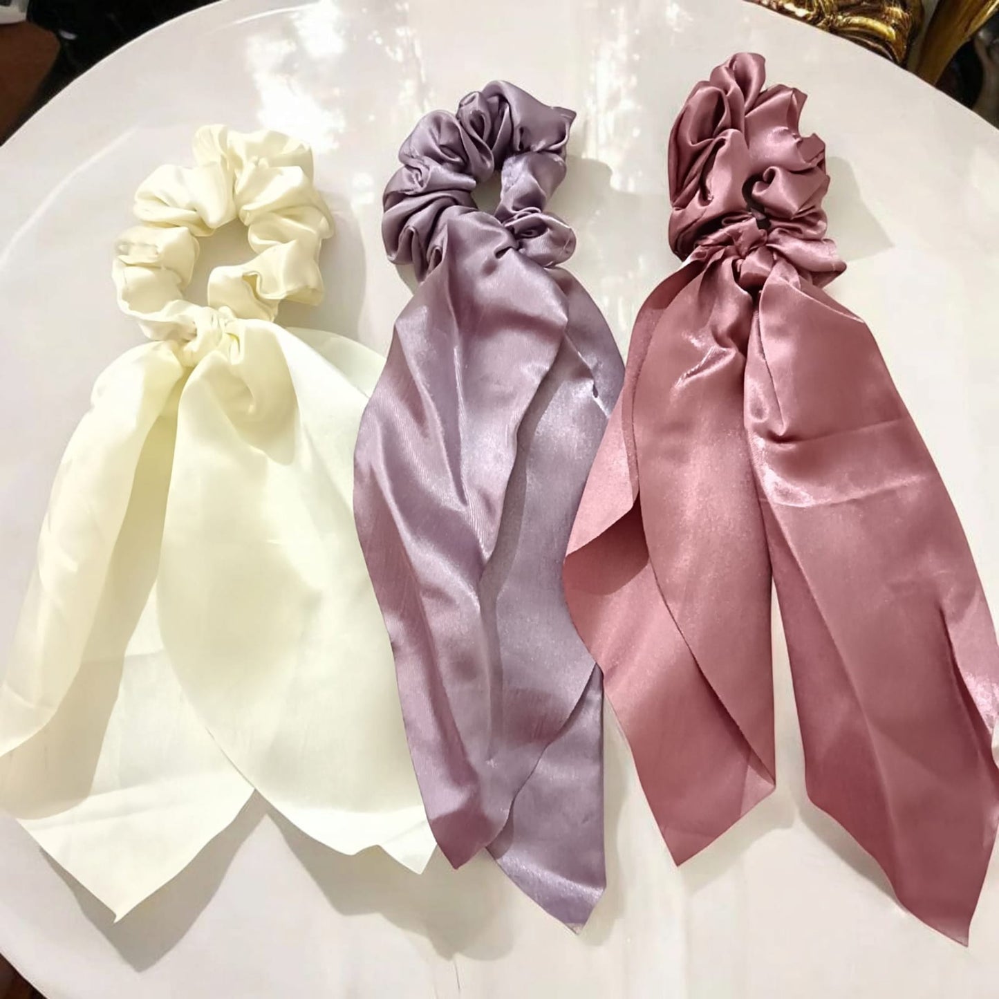 Bowknot Satin Chiffon Long Tail Pastel Color Scrunchies