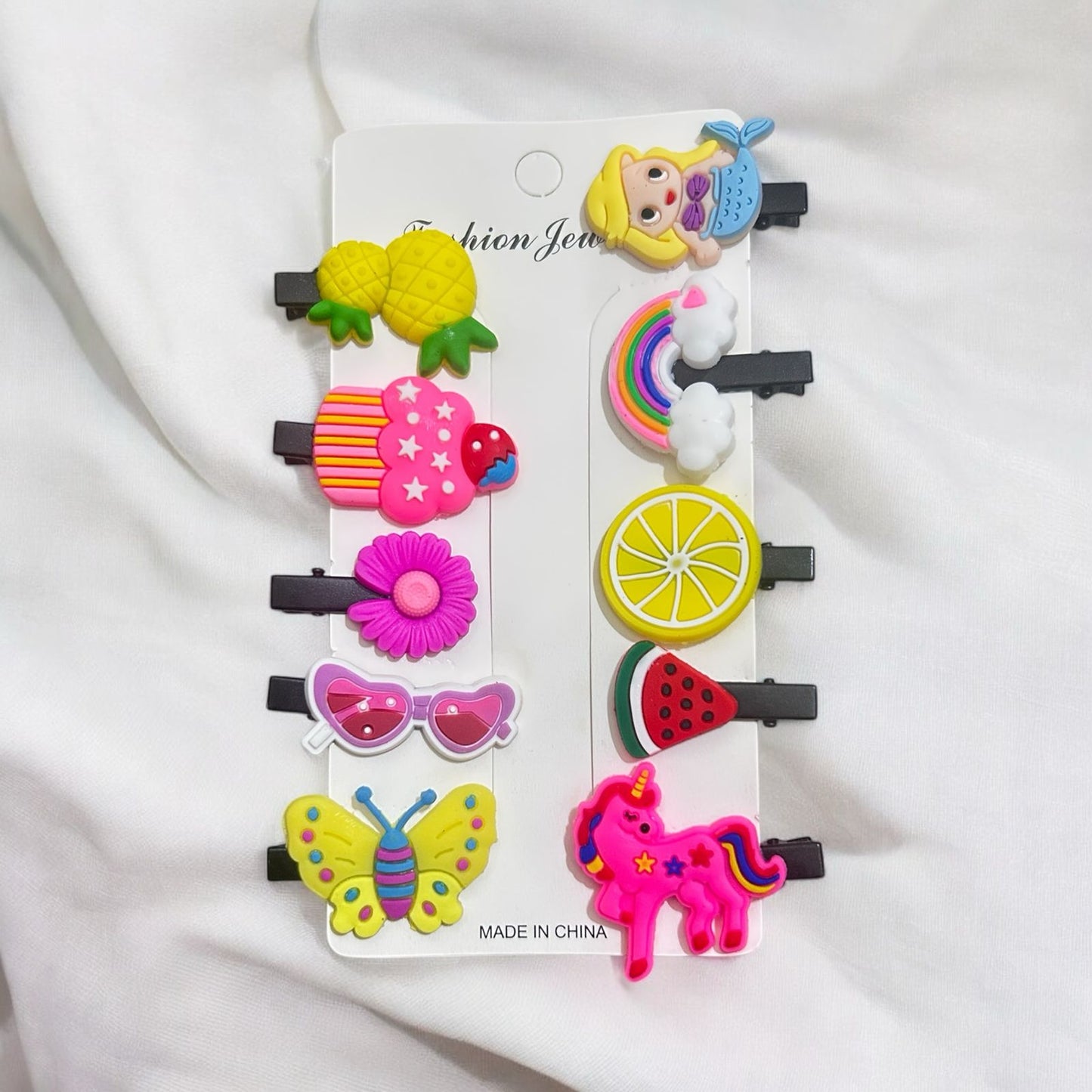 Multicolor Cartoon Theme Hair Clips Set for Kids (Pack of 10)