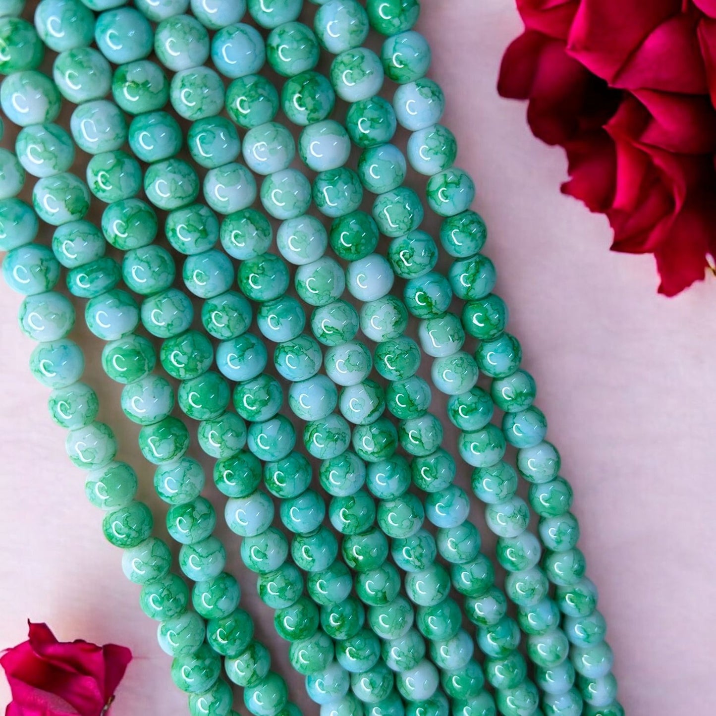 Printed Glass Beads 8mm - Green & White