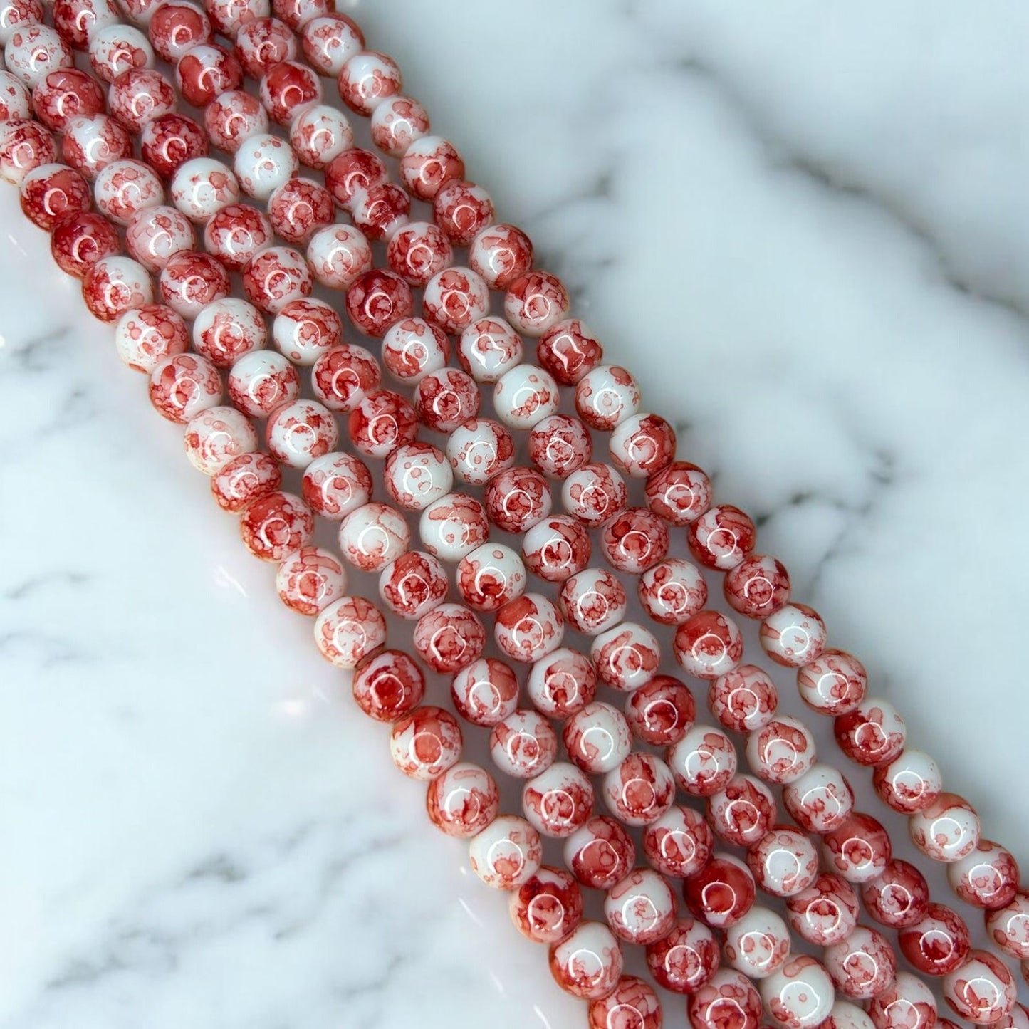 Printed Glass Beads 8mm - Red & White