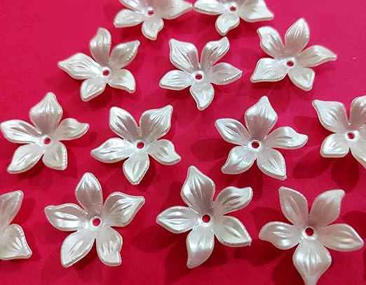 Five Petals Acrylic Flower White Pearl Plastic Beads for Jewelry (20 gms)