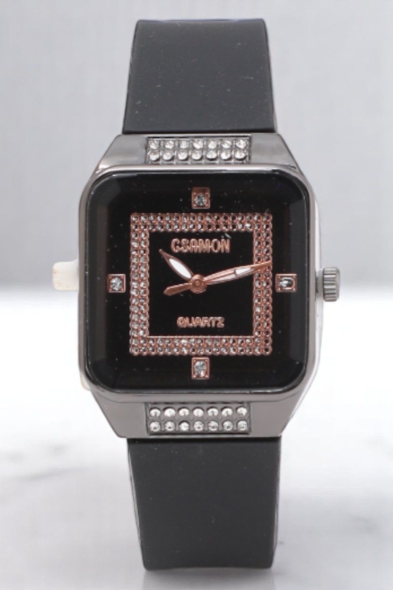 Premium Rectangle Stone Dial Analog Watch for Women - Black