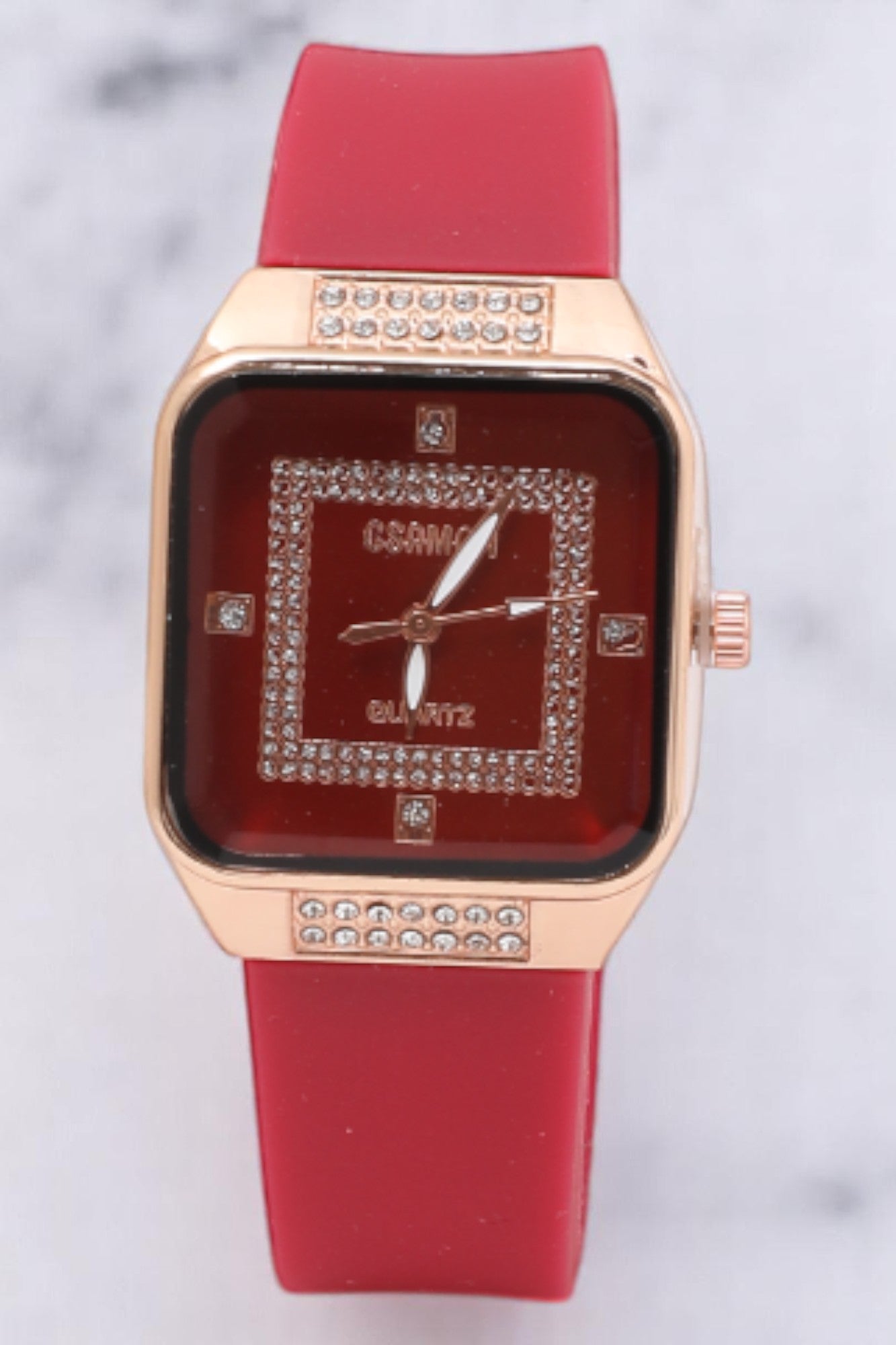 Premium Rectangle Stone Dial Analog Watch for Women - Red