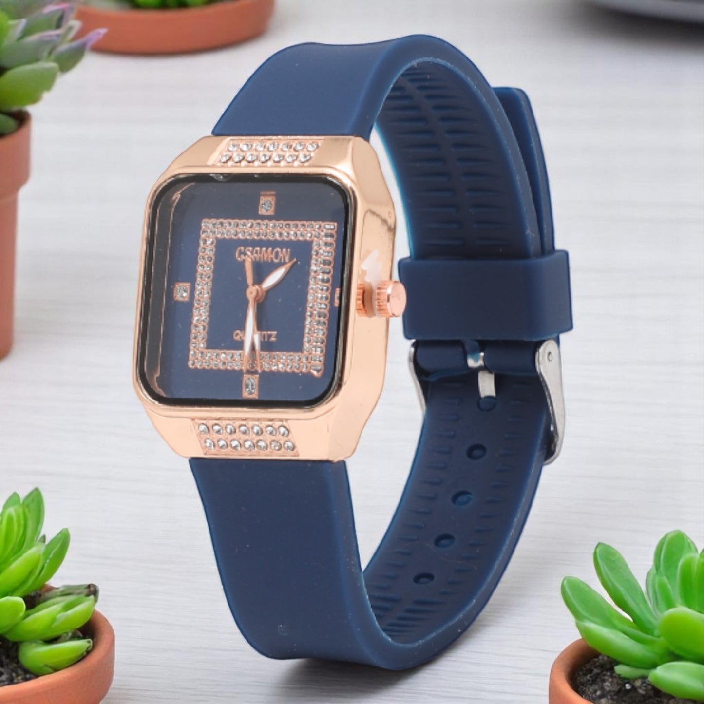Premium Rectangle Stone Dial Analog Watch for Women - Blue