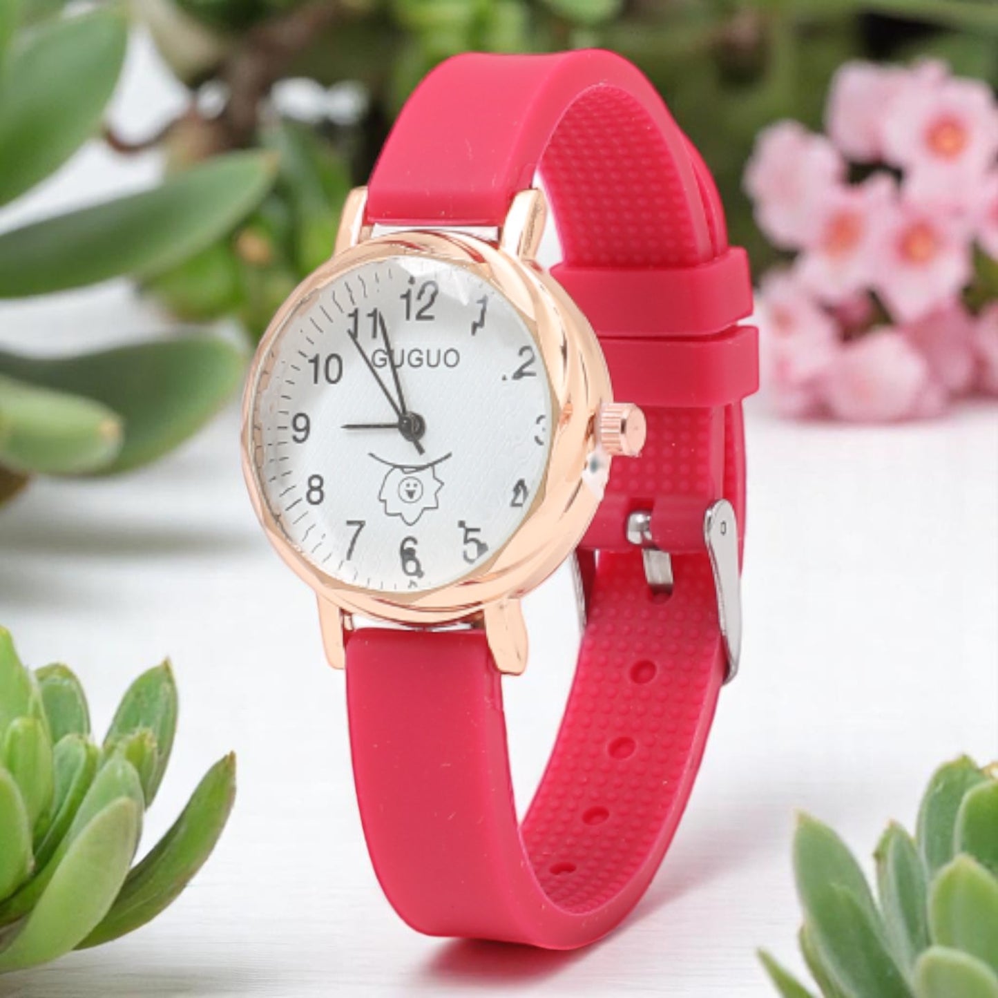 Smiley Printed Dial Analog Watch for Women with Pink Strap