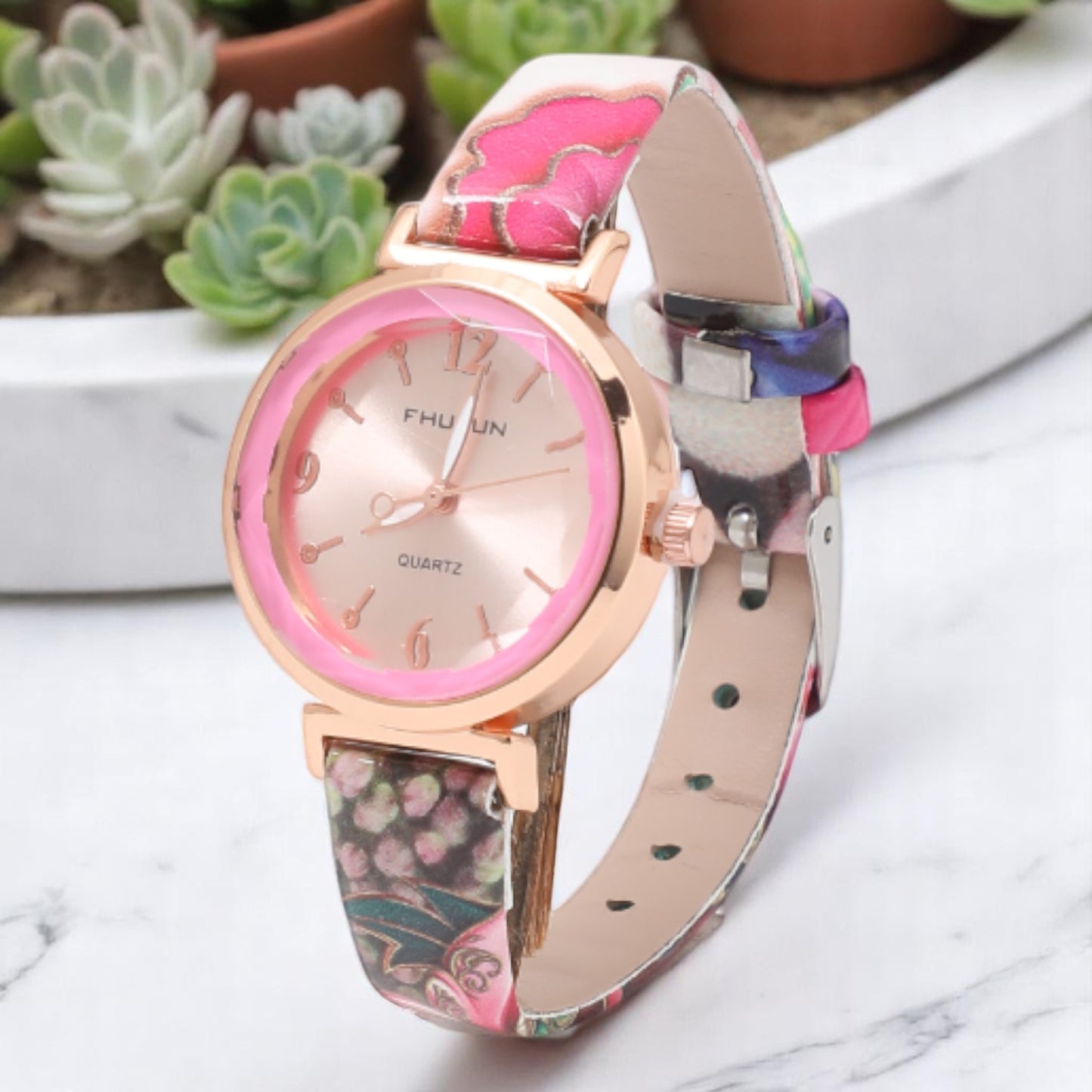 Pink Dial Analog Watch with Flower Printed Strap