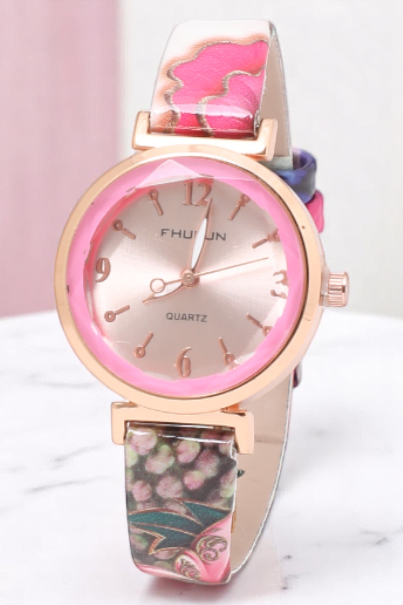 Pink Dial Analog Watch with Flower Printed Strap