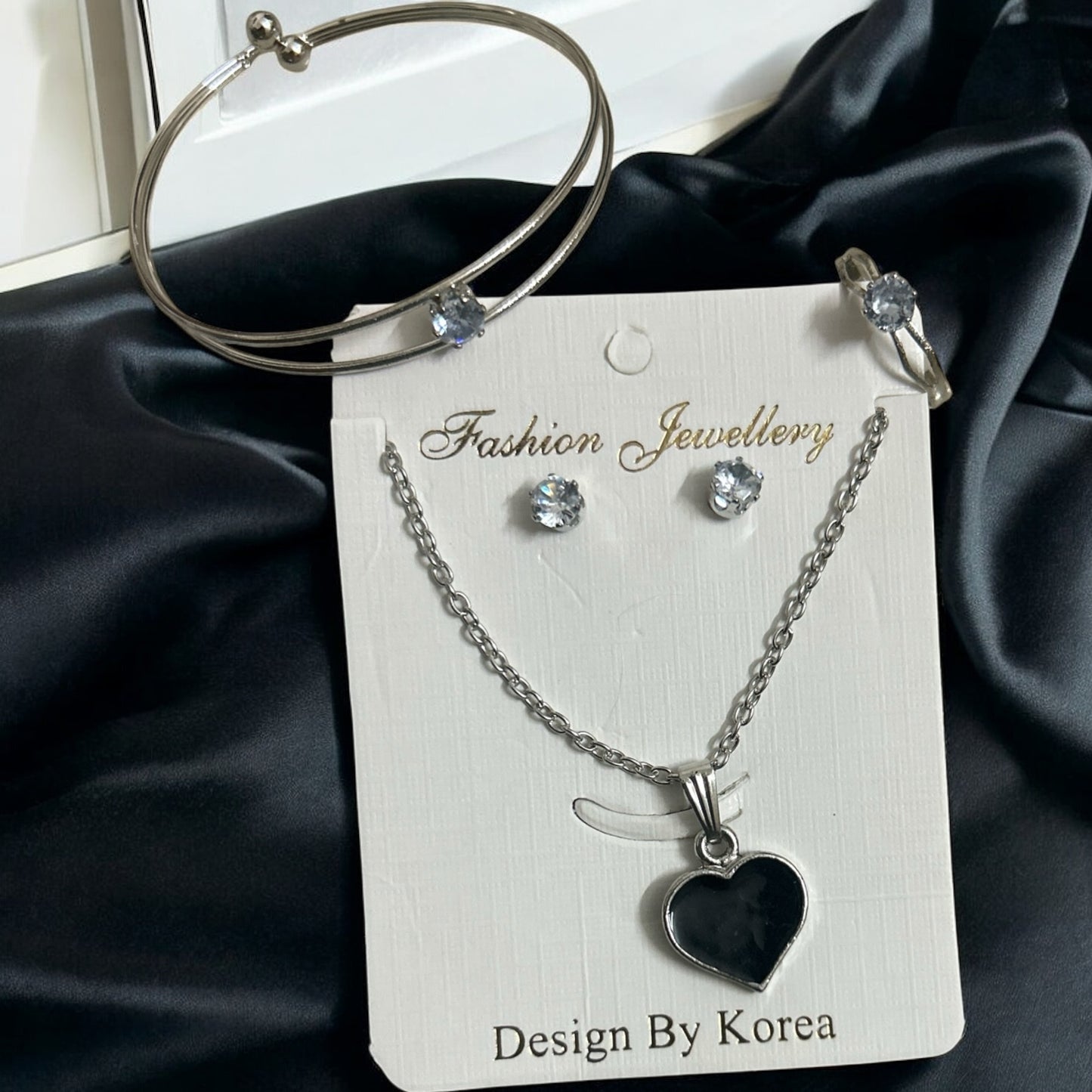 Silver Plated AD Stone Heart Pendant Chain Necklace, Earrings Set & Adjustable Bracelet Combo (Copy)