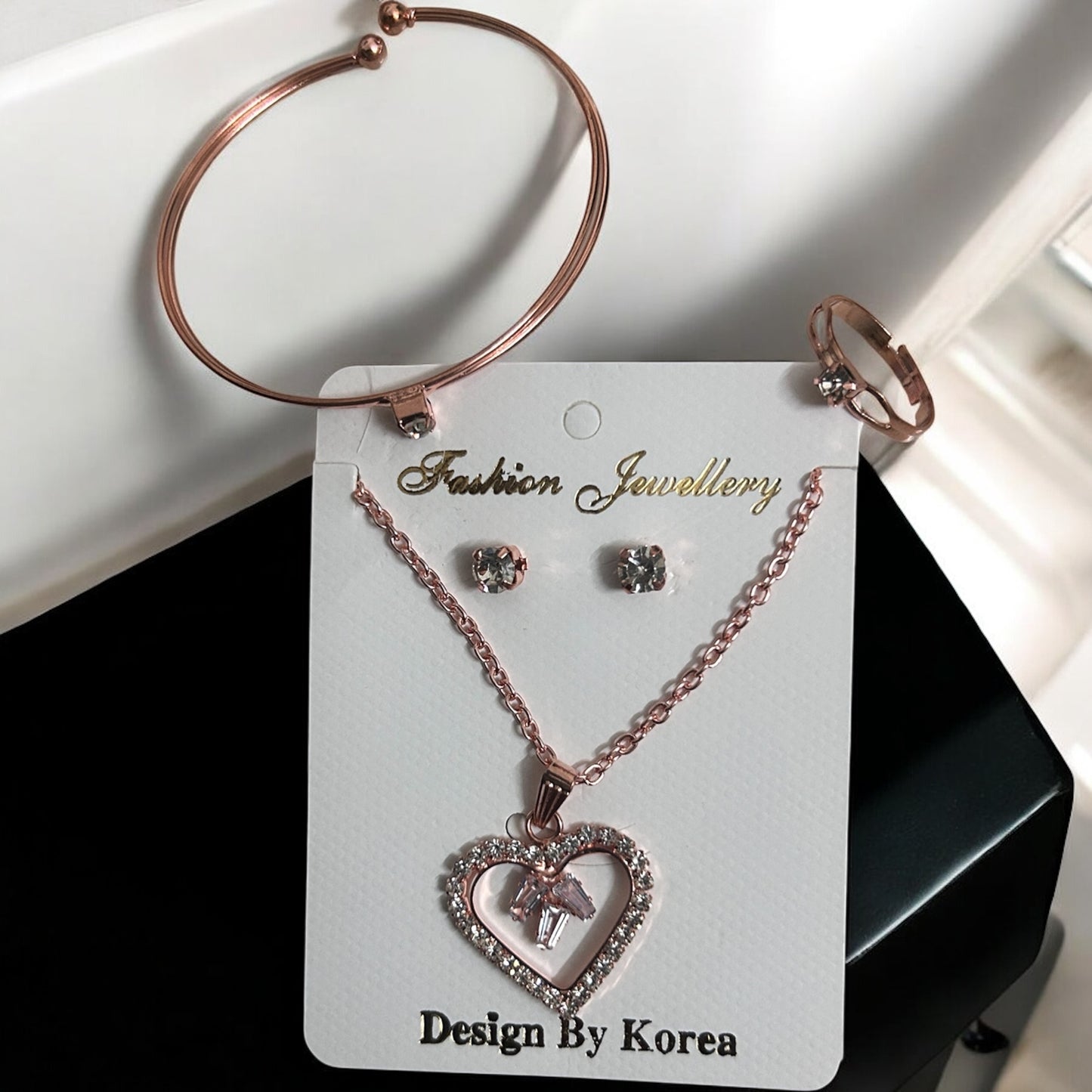 Rose Gold Plated AD Stone Heart Pendant Chain Necklace, Earrings Set & Adjustable Bracelet Combo