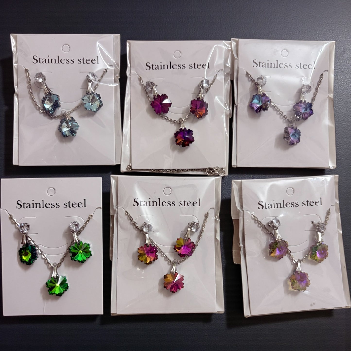 Unique Sparkly Multi-color Crystal Flower Earrings And Necklace (Any 3 Mixed Set )
