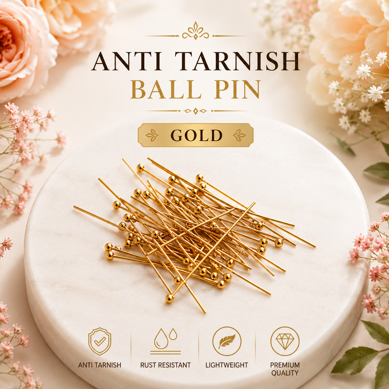 Anti Tarnish Ball Pin – Gold (10 Pcs)