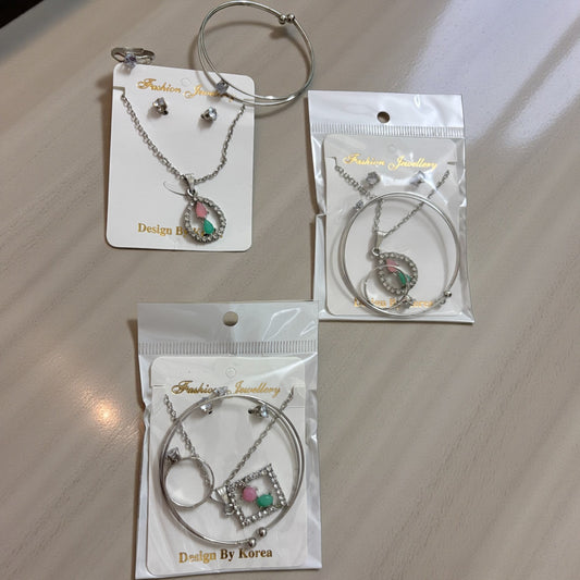 Silver Plated AD Stone Heart Pendant Chain Necklace, Earrings Set & Adjustable Bracelet Combo (Pack of 3 Set Mixed)