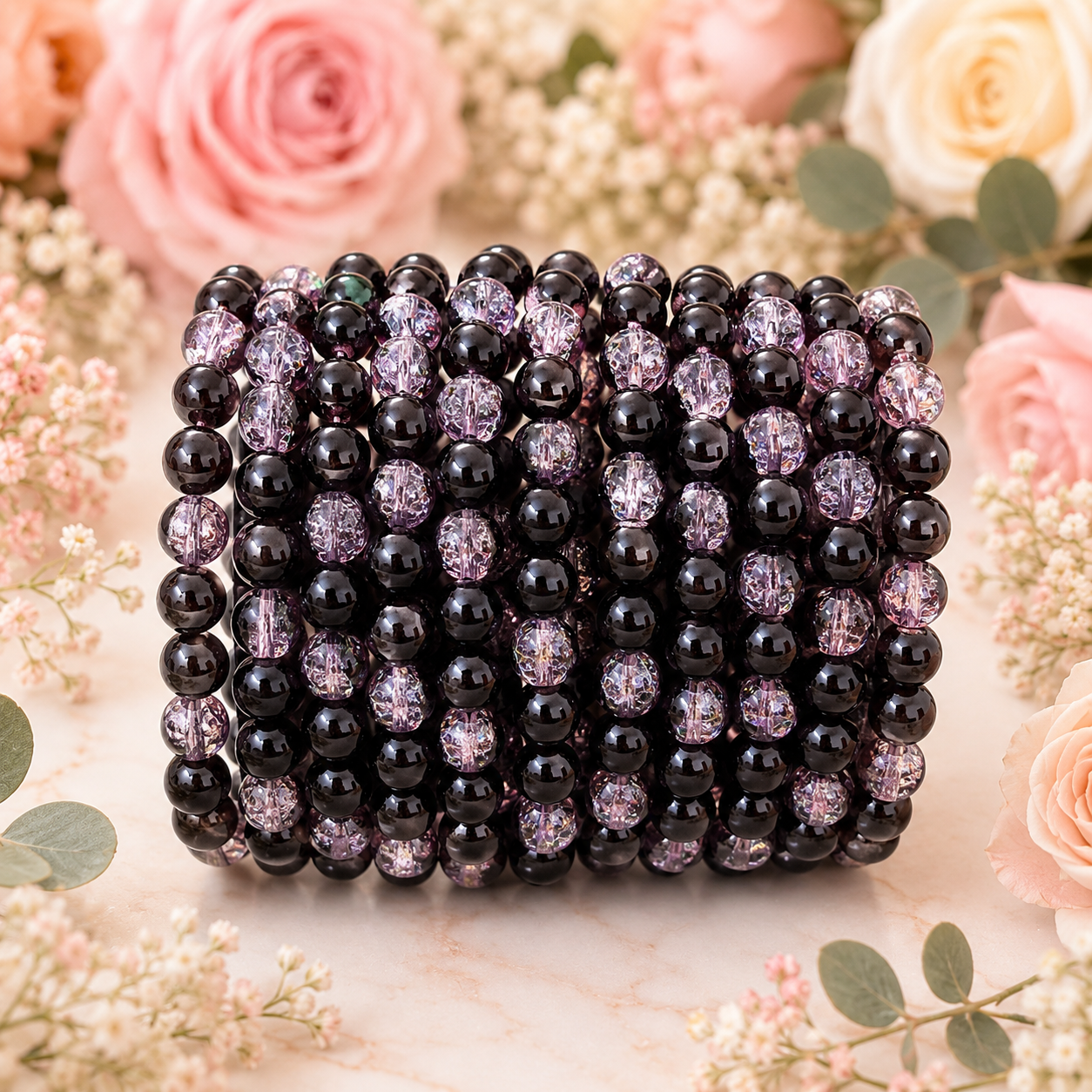 Crackle Beads 8mm - Light Pink & Black
