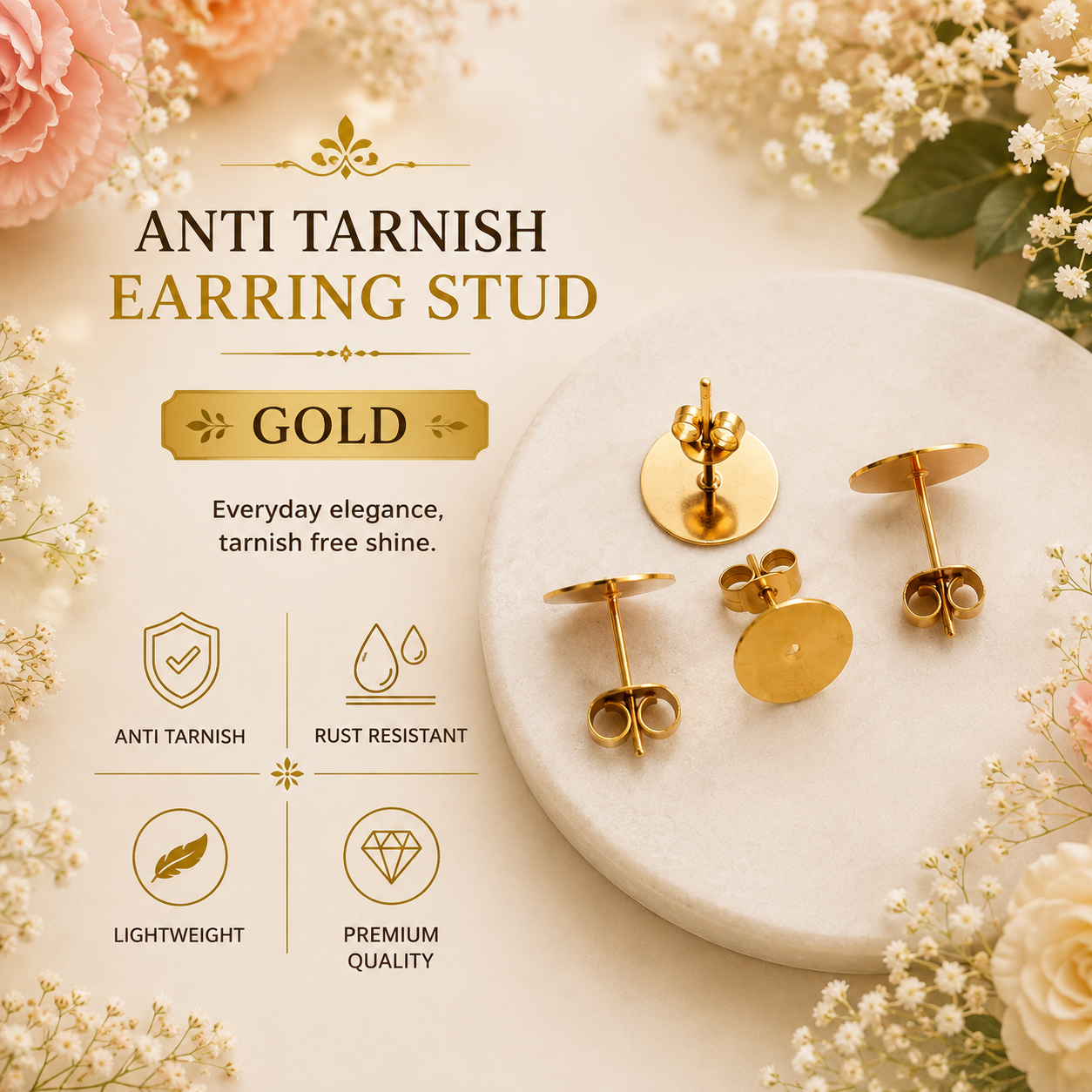 Anti Tarnish Earring Stud - Gold (10 Pcs)