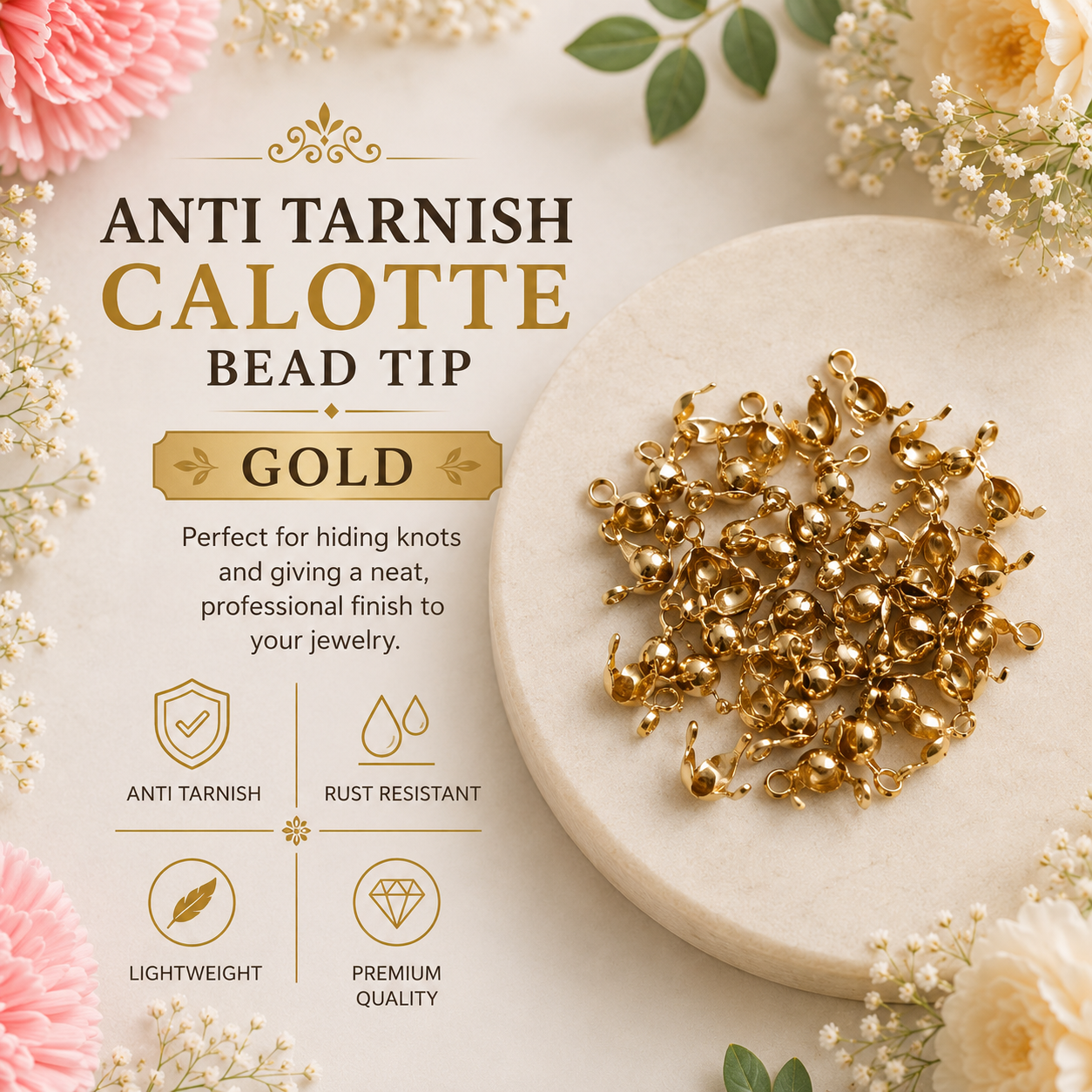 Anti Tarnish Calotte Tip - Gold (10 Pcs)