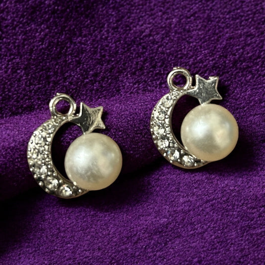 Luxury Moon & Star Stone Charm with Pearl Beads - Silver