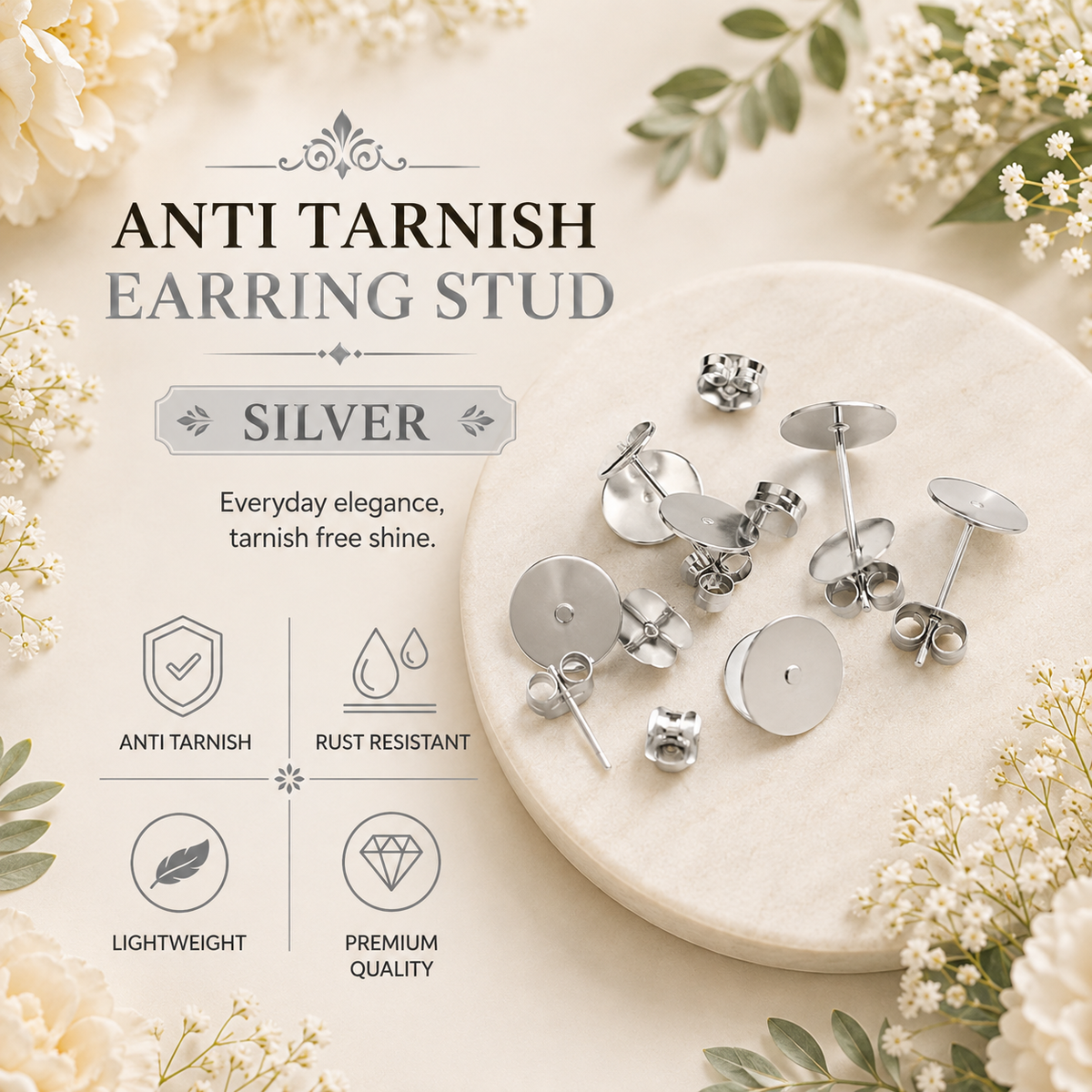 Anti Tarnish Earring Stud - Silver (10 Pcs)