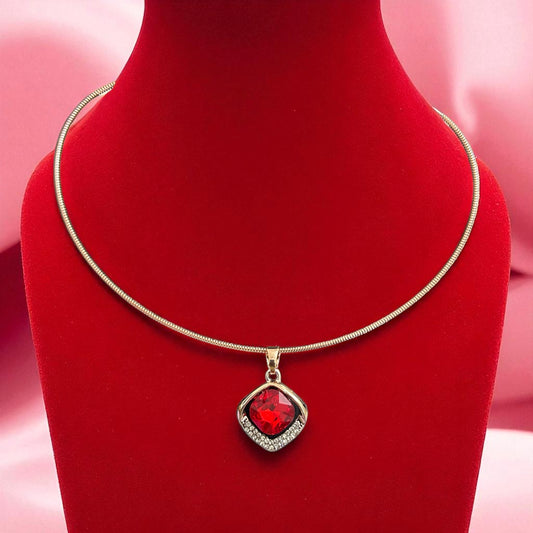Elegant Rose Gold Wire Chain Necklace with Luxury Diamond Red Stone Pendant