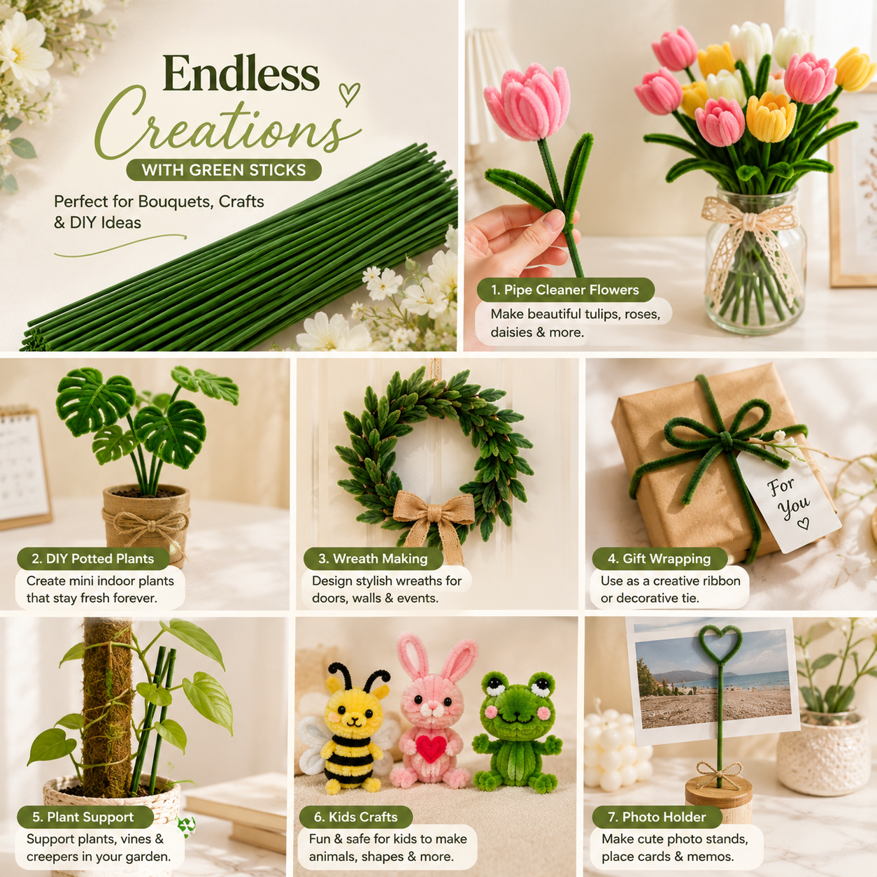 Green Pipe Cleaner Sticks for Flower Bouquet & DIY Crafts