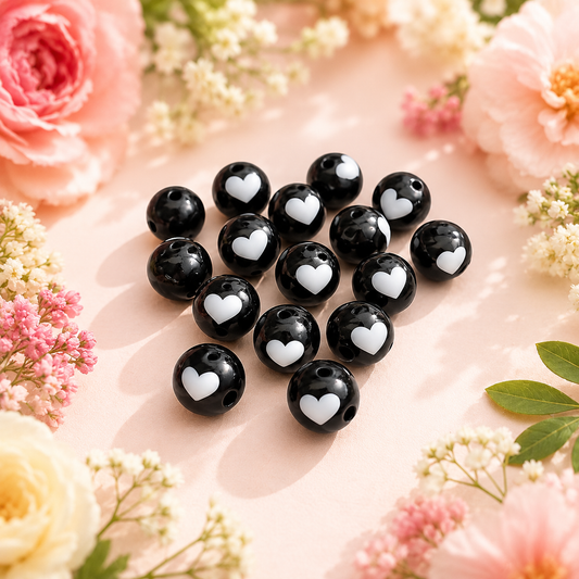 Acrylic Black Heart Print Round Beads (10gms)