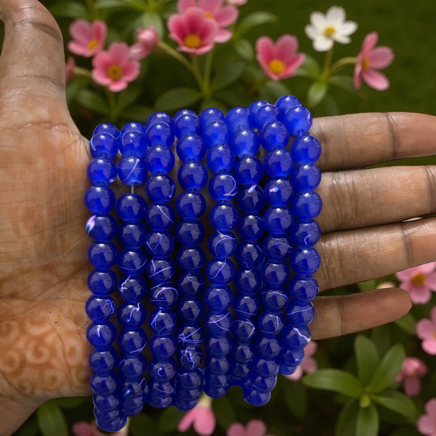 Stripe Printed Glass Beads 8mm - Dark Blue