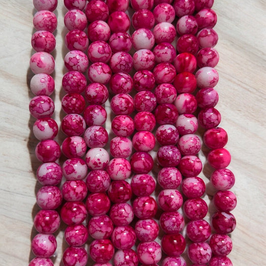 Printed Glass Beads 8mm - Dark Pink & White