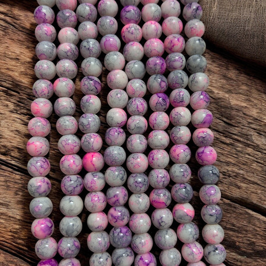 Printed Glass Beads 8mm - Pink & Grey