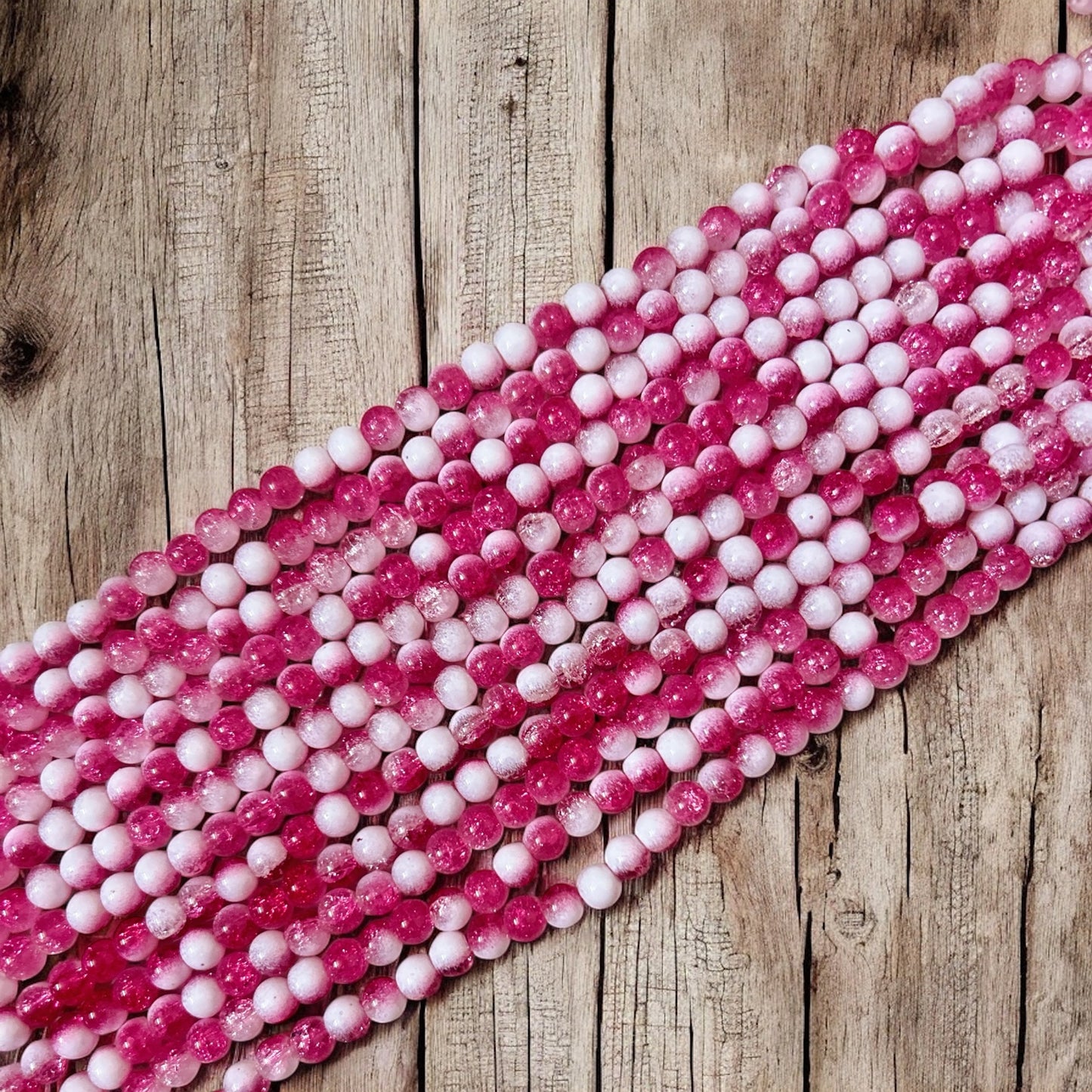 Milky Crackle Beads 8mm - Dark Pink & White