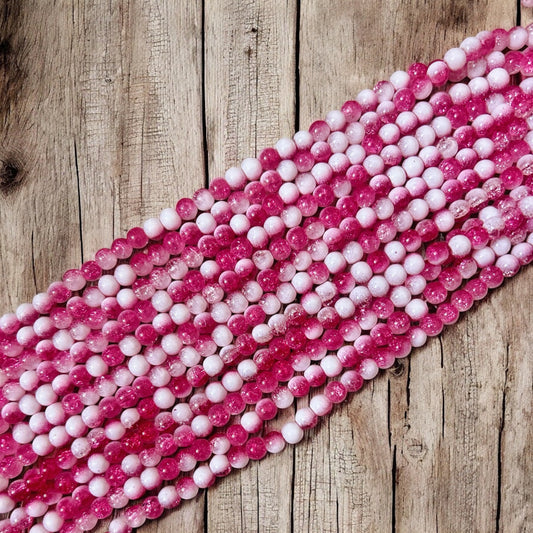 Milky Crackle Beads 8mm - Dark Pink & White