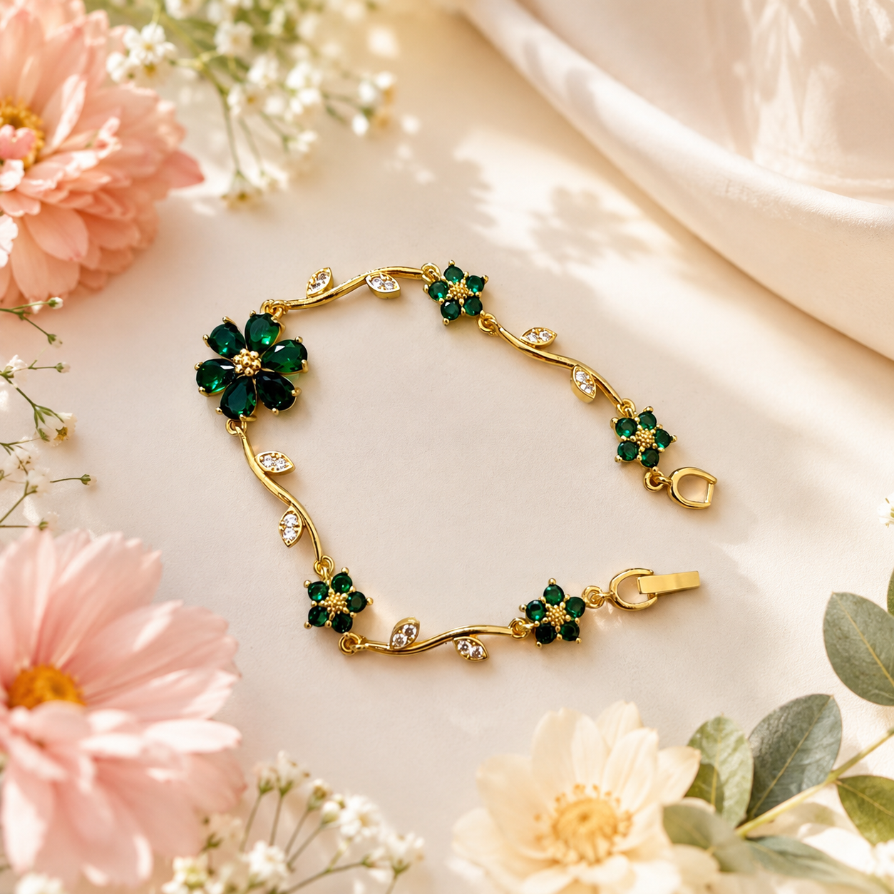 Luxury Anti-Tarnish Flower Bracelet (Green) - ATB23