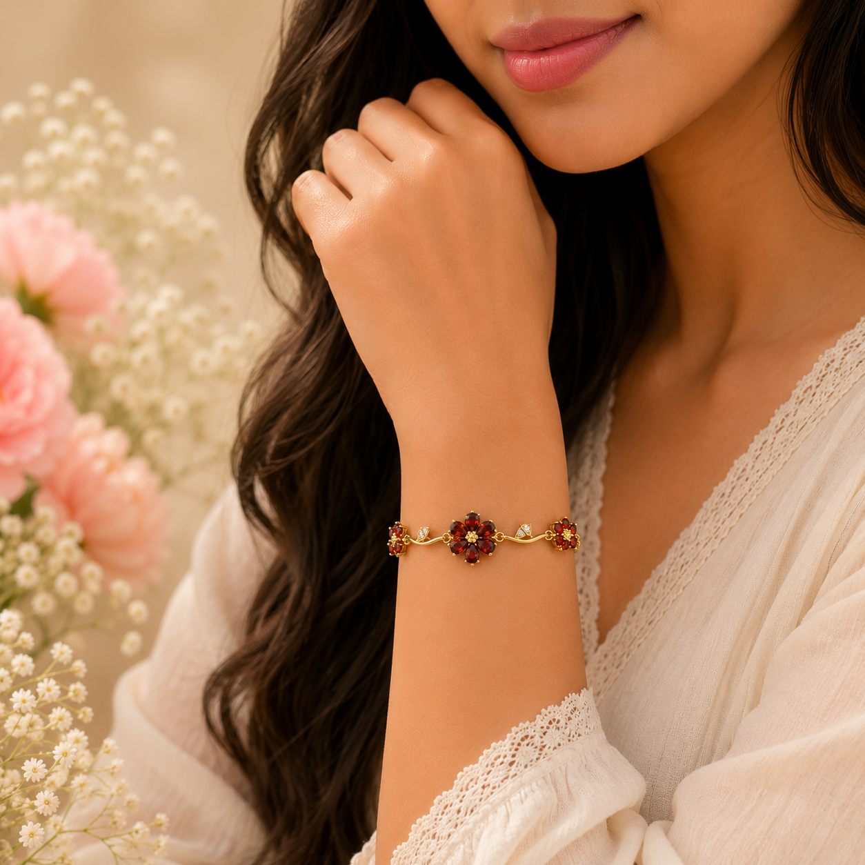 Luxury Anti-Tarnish Flower Bracelet (Red) - ATB22