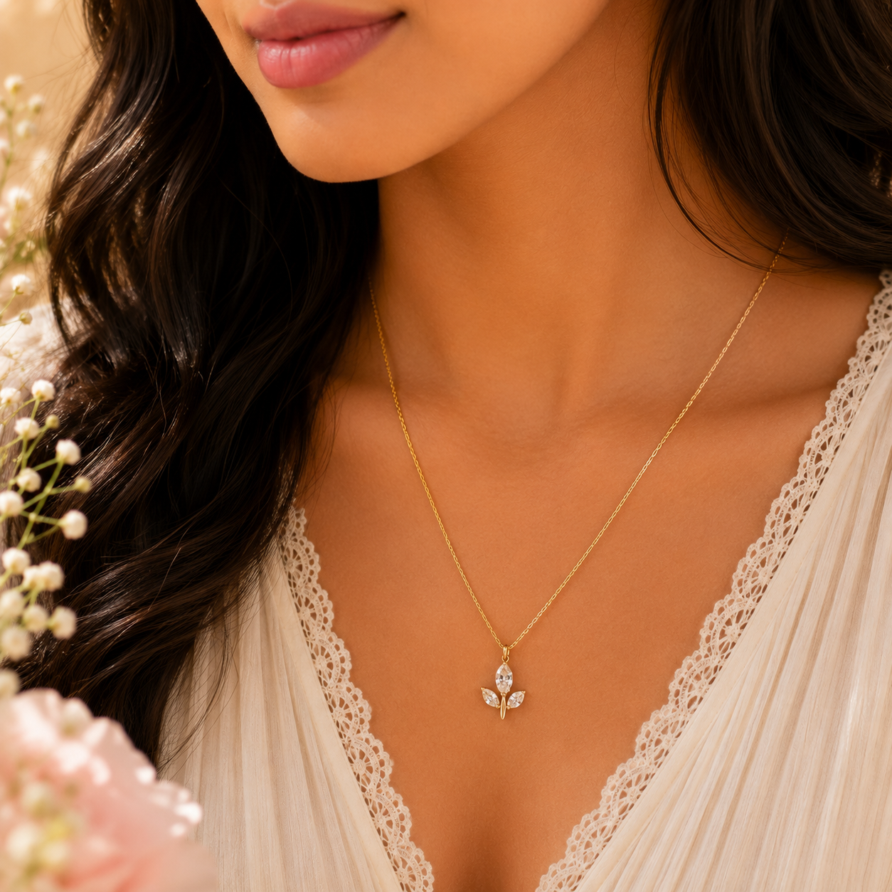 18K Gold Plated Anti Tarnish Tulip Necklace (White) - ATN50