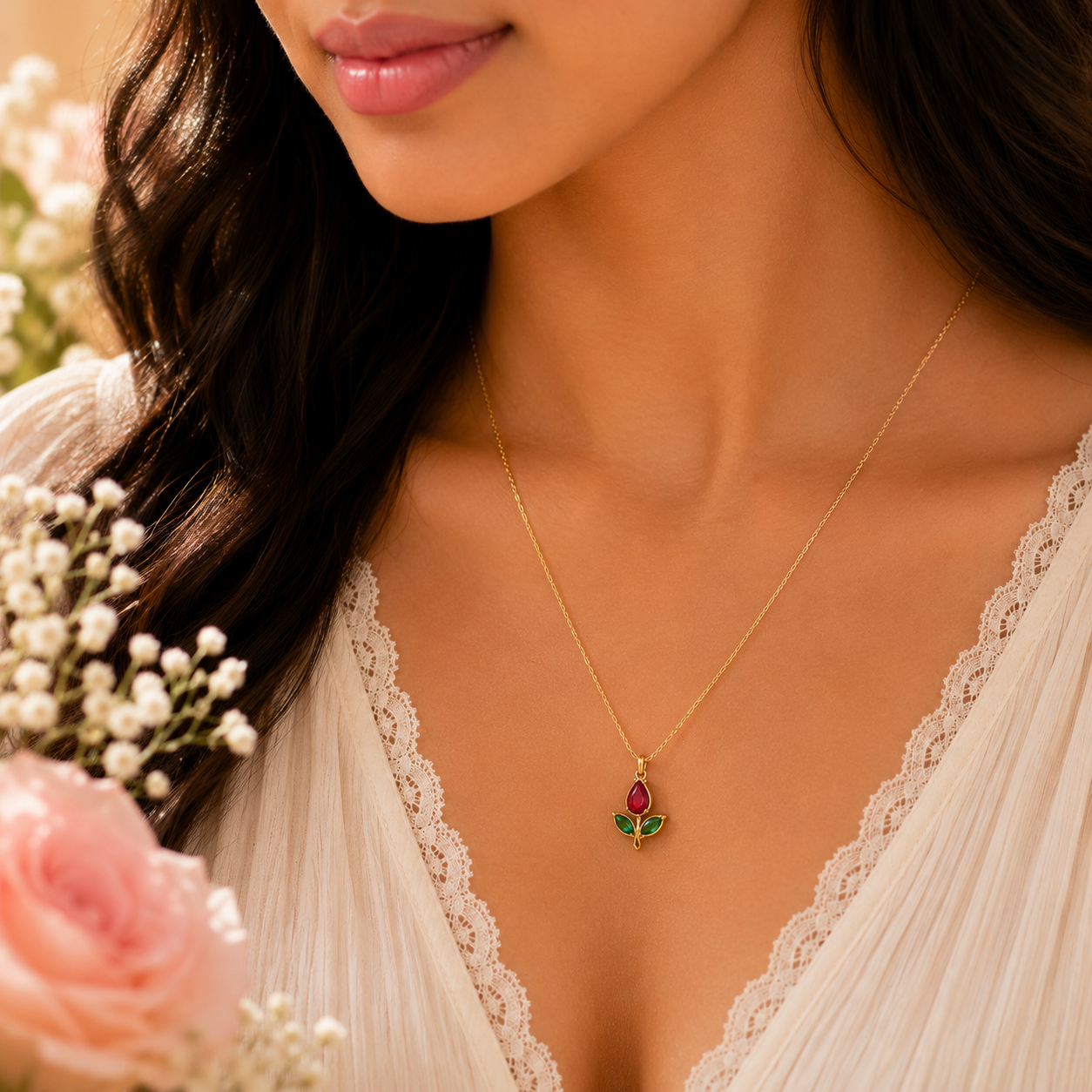 18K Gold Plated Anti Tarnish Tulip Necklace (Red) - ATN49
